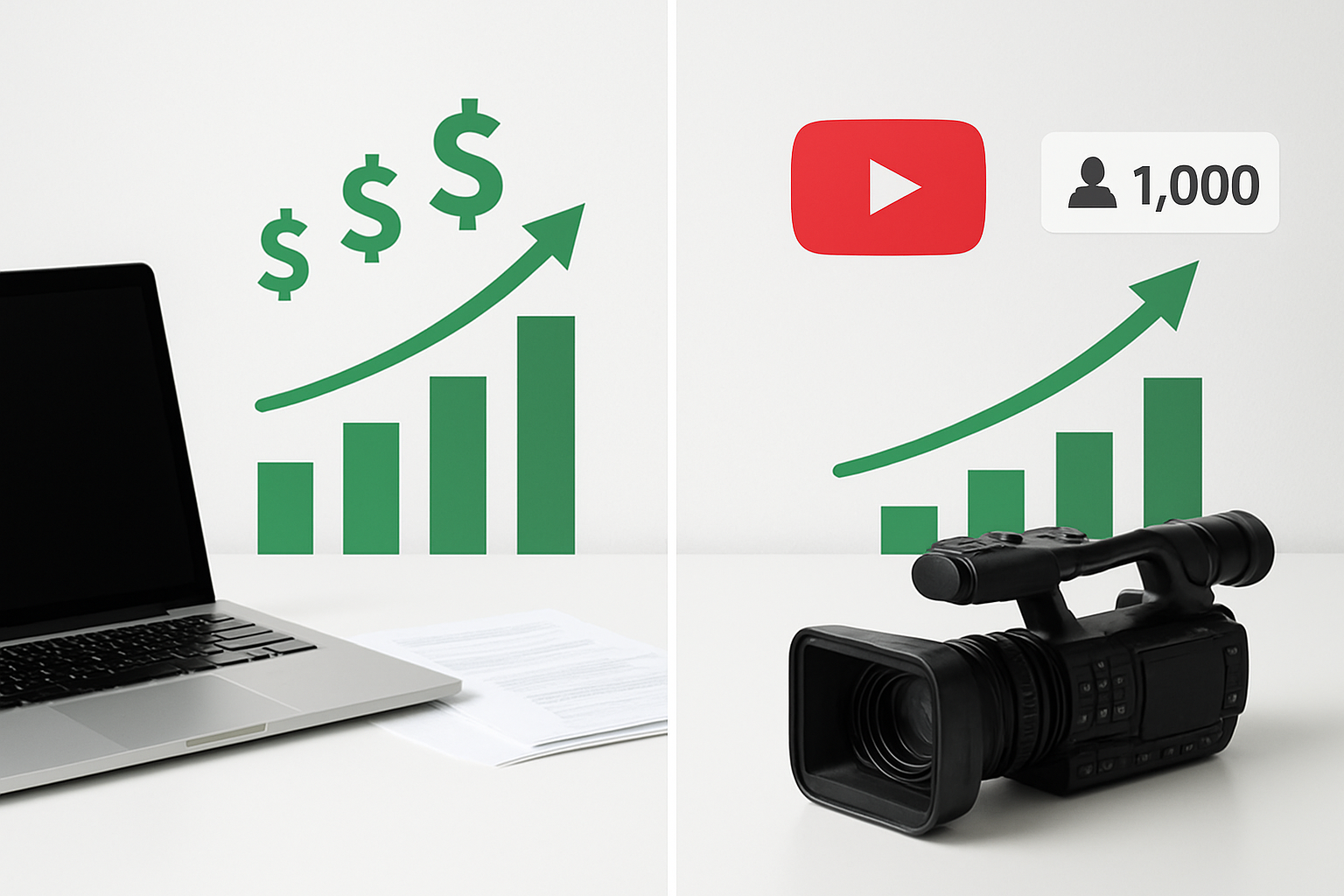 Create a realistic image of a split-screen comparison chart showing income growth over different time periods, with one side displaying freelancing income represented by a laptop, client documents, and upward trending money symbols, and the other side showing YouTube income represented by a video camera, play button icon, and subscriber count metrics, both sides featuring ascending bar graphs and dollar signs in green, set against a clean white background with professional lighting, absolutely NO text should be in the scene.