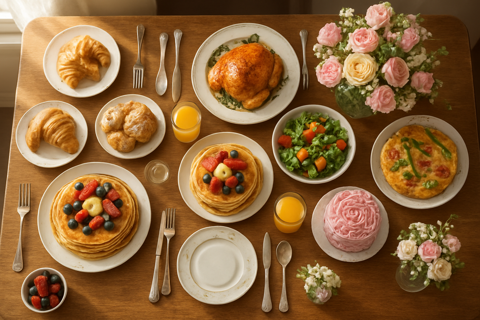 Create a realistic image of a beautifully arranged dining table from above showcasing a complete Mother's Day feast with elegant breakfast pastries, colorful brunch dishes, a golden roasted main course, decadent desserts including cake and flowers, fresh spring flowers as centerpieces, fine china plates and silverware, soft natural lighting streaming through a window, warm and inviting atmosphere suggesting a special celebration meal, absolutely NO text should be in the scene.