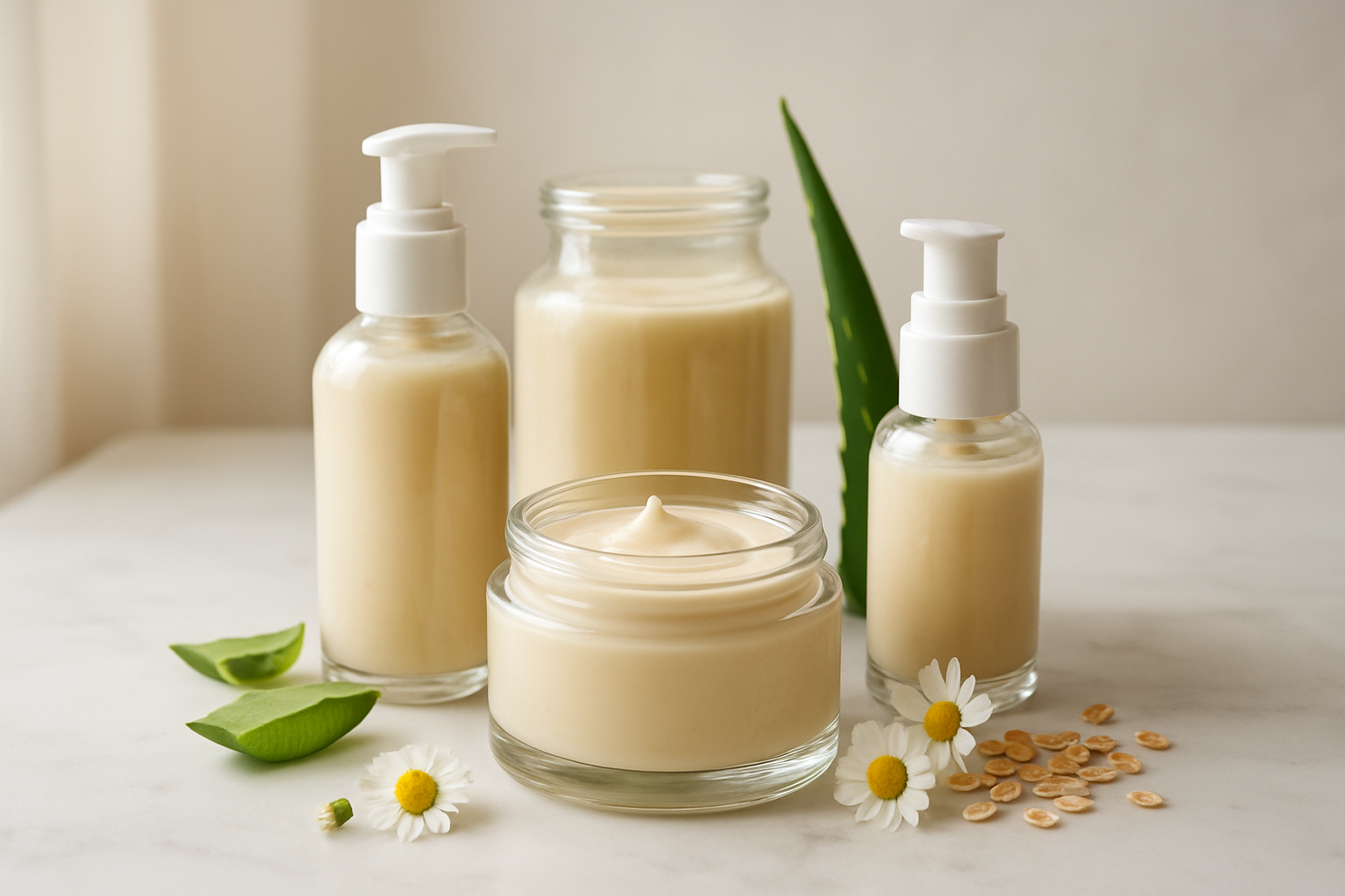 Create a realistic image of elegant glass jars and pump bottles containing natural moisturizers arranged on a clean white marble surface, featuring soft cream and beige colored products with natural ingredients like aloe vera leaves, chamomile flowers, and oat grains scattered around the containers, photographed in soft natural lighting from a window creating gentle shadows, with a minimalist spa-like background in neutral tones, emphasizing the luxurious and soothing nature of sensitive skin care products, absolutely NO text should be in the scene.