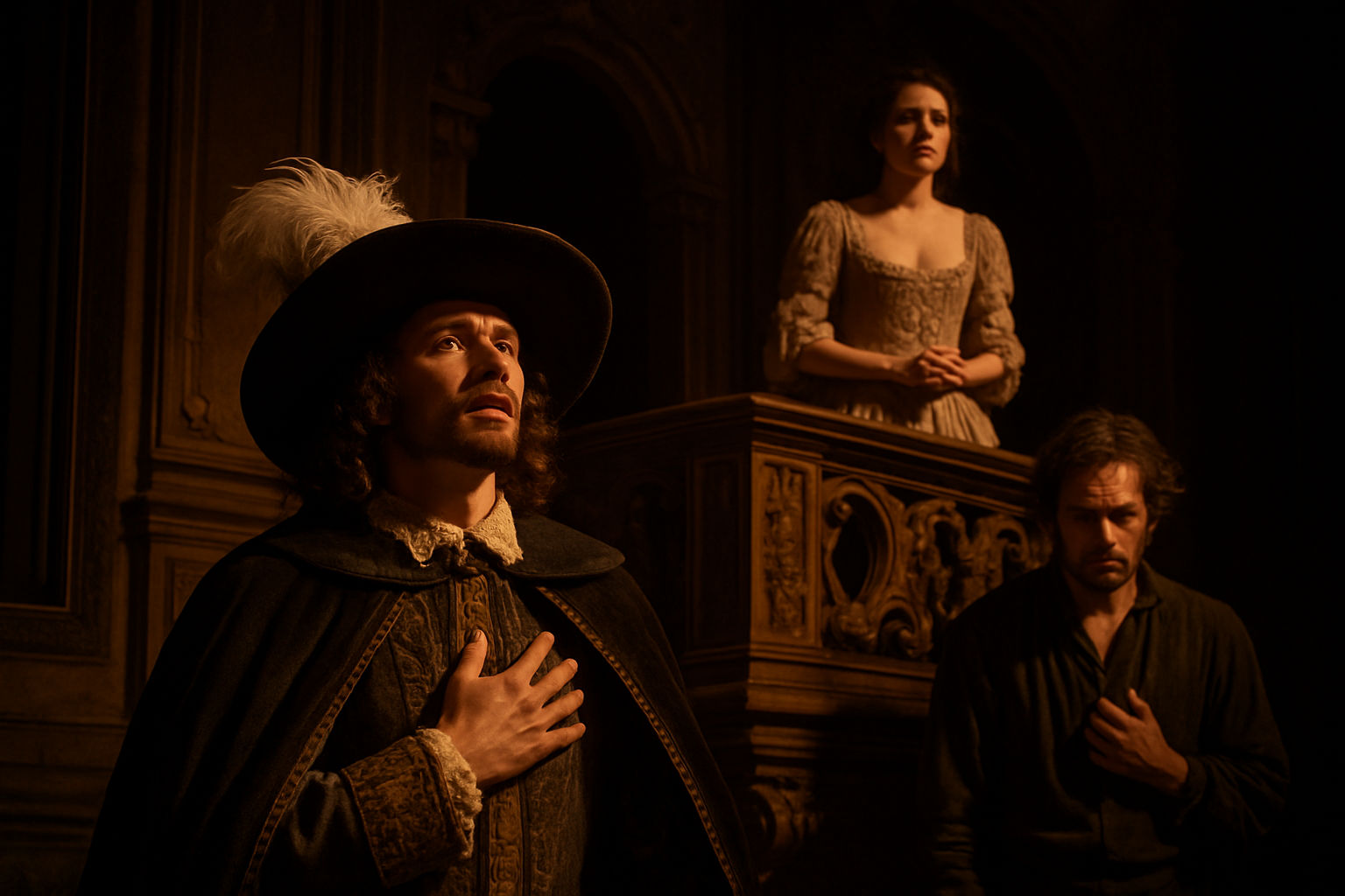 Create a realistic image of three white actors in period 17th century French costumes on a dimly lit theater stage, with a white male in an elaborate feathered hat and cape showing intense longing while gazing upward, a white female in an elegant gown on a balcony above displaying conflicted emotions, and another white male in simpler attire standing in shadows showing inner torment, warm golden stage lighting creating dramatic shadows that emphasize the psychological depth and complex emotions of each character, ornate baroque architectural elements in the background, absolutely NO text should be in the scene.