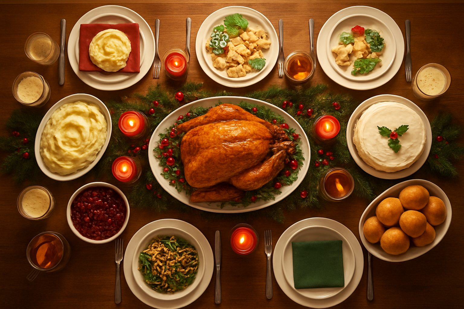 Create a realistic image of a beautifully set Christmas dinner table viewed from above, featuring a golden roasted turkey as the centerpiece surrounded by traditional holiday dishes including mashed potatoes, cranberry sauce, green bean casserole, dinner rolls, Christmas cookies, a decorated cake, and glasses filled with eggnog and mulled cider, all arranged on elegant white plates and serving dishes with festive red and green napkins, complemented by warm candlelight from red candles, pine garland with holly berries running down the center of the table, and soft golden lighting creating a cozy holiday atmosphere, absolutely NO text should be in the scene.