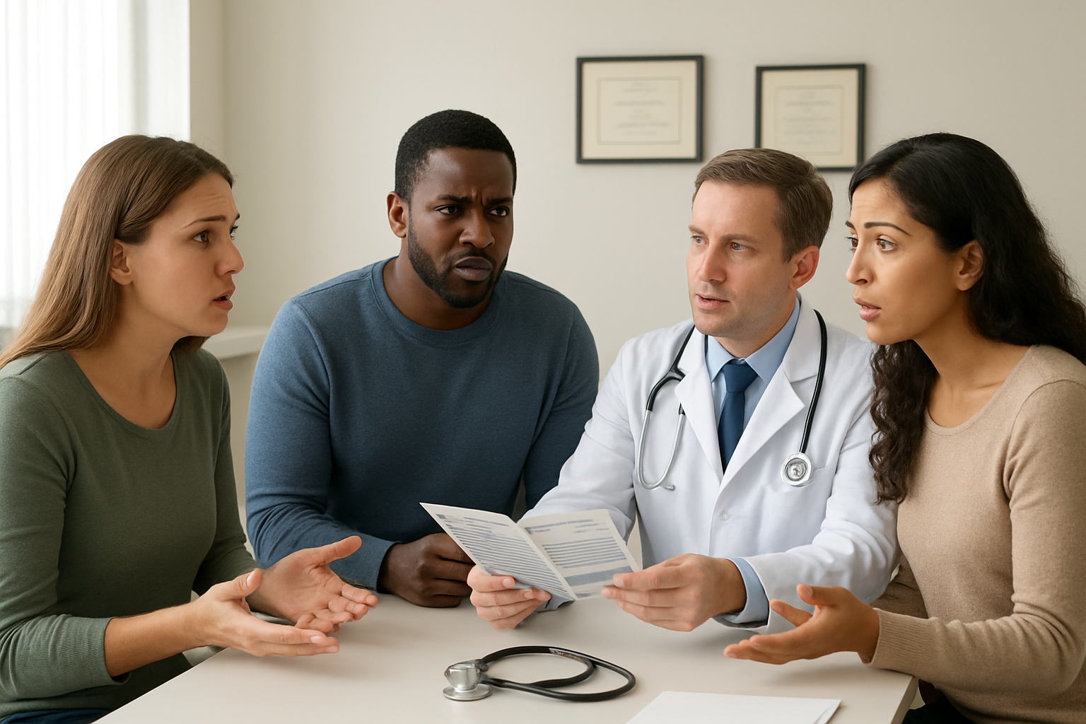 Create a realistic image of a clean, modern medical consultation room with a white male doctor in his 40s sitting at a desk across from a diverse group of patients including a white female, black male, and Hispanic female, all appearing to be asking questions with concerned expressions, with the doctor holding informational brochures about medication withdrawal, soft natural lighting from a window, calm and professional atmosphere, medical diplomas on the wall, and a stethoscope on the desk, absolutely NO text should be in the scene.