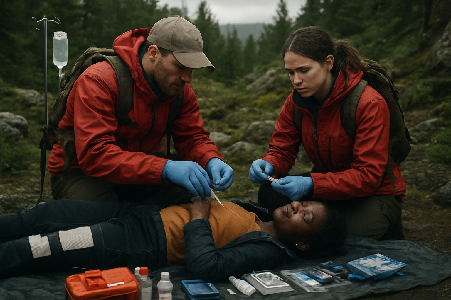 Create a realistic image of a white male emergency responder in outdoor gear performing advanced medical procedures on a black female patient in a remote wilderness setting, with medical equipment like IV bags, splints, and emergency medication laid out on a waterproof tarp, surrounded by dense forest and rocky terrain under overcast lighting that suggests urgency, while a second white female medic assists by holding medical supplies, creating a serious and professional emergency response scene. Absolutely NO text should be in the scene.