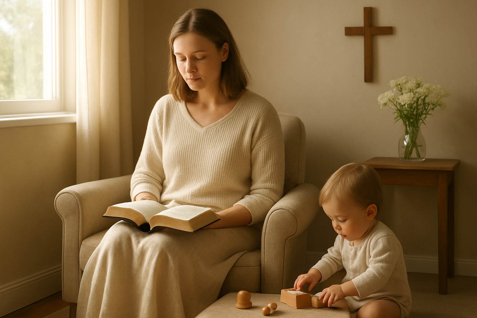 Create a realistic image of a peaceful white female mother sitting in a sunlit room, gently holding an open Bible in her lap while her young child plays quietly nearby with wooden toys, soft natural light streaming through a window creating a warm and serene atmosphere, with simple home decor including a cross on the wall and fresh flowers on a nearby table, conveying a sense of divine purpose and spiritual reflection in motherhood, absolutely NO text should be in the scene.