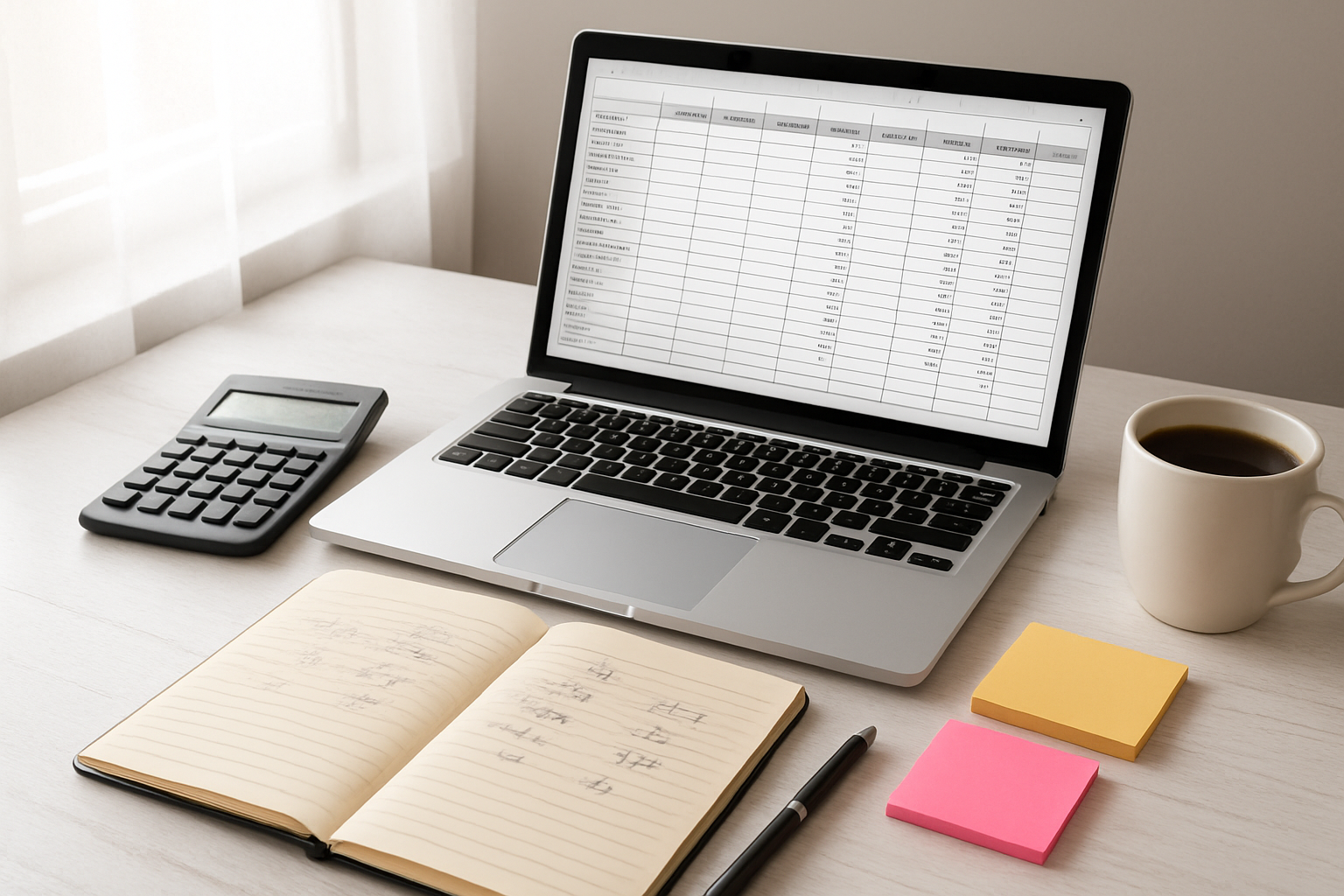 Create a realistic image of a clean, organized desk setup with a laptop computer displaying a spreadsheet with budget categories and amounts, a calculator, a notebook with handwritten budget calculations, colorful sticky notes arranged nearby, a pen, and a coffee cup, all arranged on a white wooden desk surface with soft natural lighting from a window, creating a calm and productive atmosphere for financial planning, absolutely NO text should be in the scene.