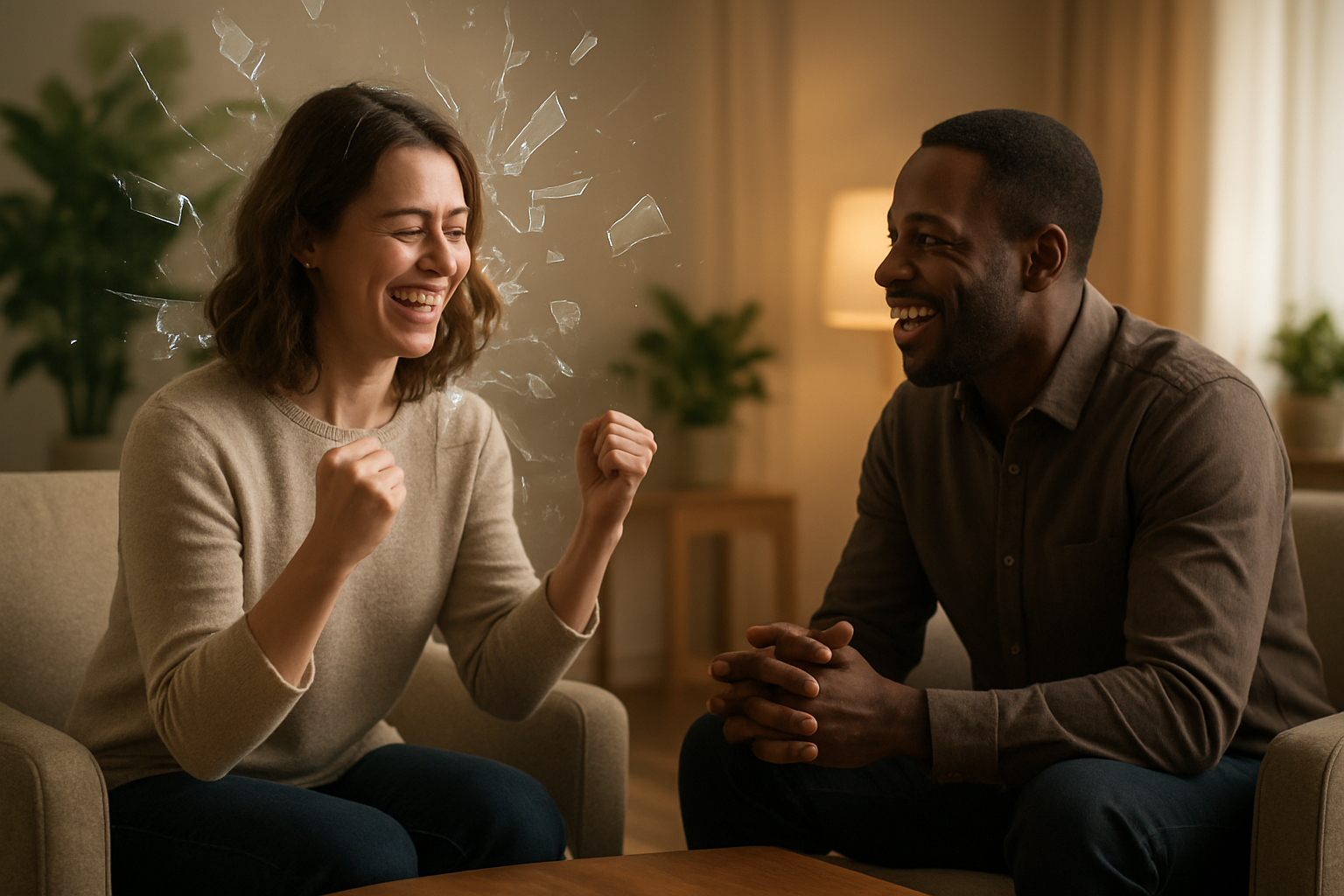 Create a realistic image of a diverse group showing a white female and black male sitting across from each other in a modern, softly-lit counseling or therapy room, with the woman appearing to break through an invisible barrier represented by shattered glass fragments floating in the air around her, while both individuals display expressions of breakthrough and relief, surrounded by warm, golden lighting that suggests hope and transformation, with comfortable seating, plants, and calming neutral tones in the background creating a safe, supportive environment. Absolutely NO text should be in the scene.