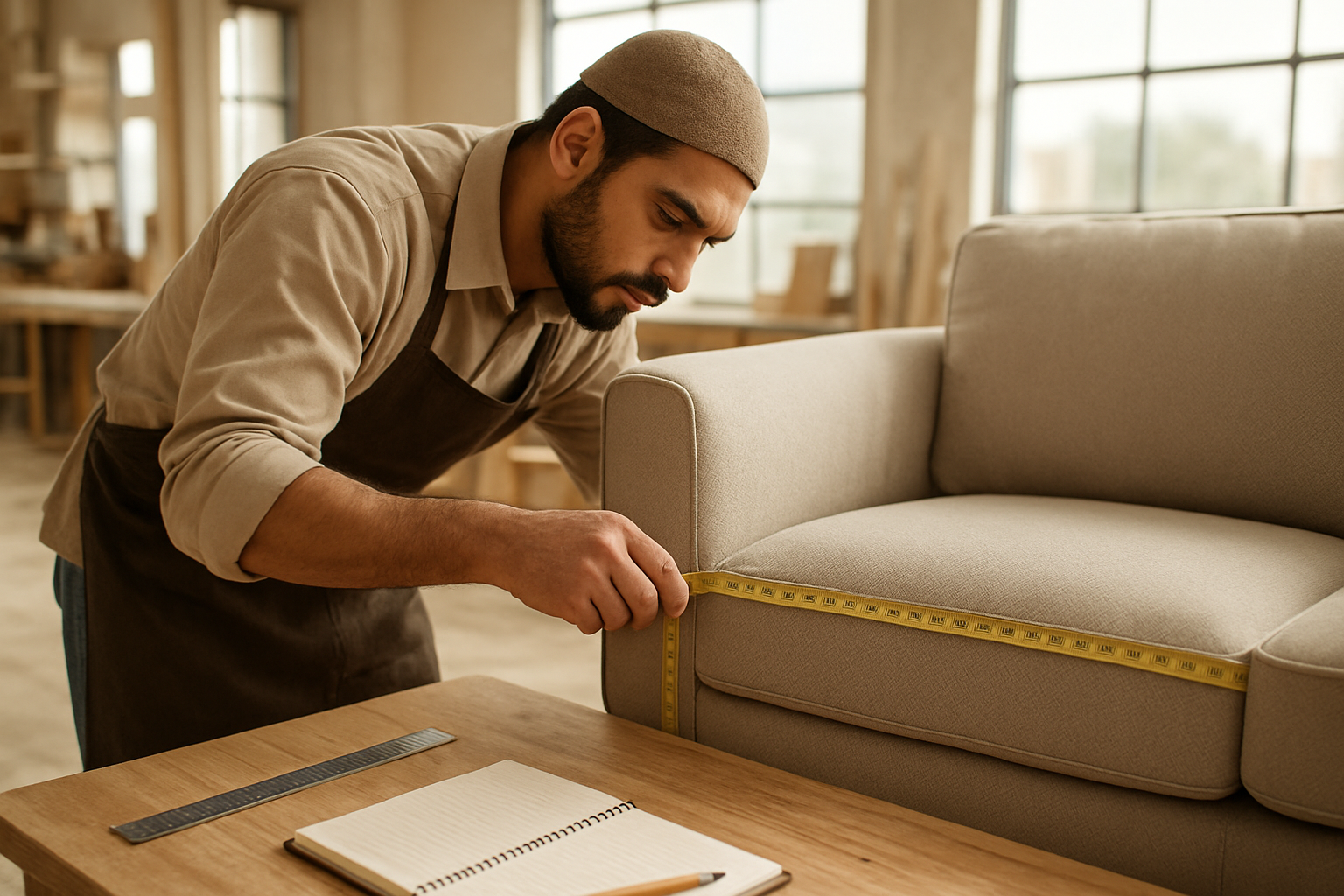 Create a realistic image of a Middle Eastern male furniture craftsman measuring a sofa with a measuring tape in a bright workshop setting, showing him carefully taking precise measurements of the sofa's length, width and height, with measuring tools like rulers and notebooks visible on a nearby workbench, warm natural lighting from large windows illuminating the scene, focusing on the detailed measurement process of custom sofa fitting, absolutely NO text should be in the scene.