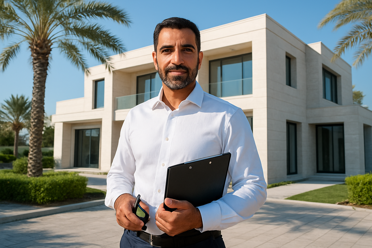 Create a realistic image of a professional Middle Eastern male villa inspector in his 40s wearing a white button-down shirt and dark trousers, holding a clipboard and inspection tools, standing confidently in front of a luxurious modern villa with white limestone exterior and large windows in Abu Dhabi, with palm trees and clear blue sky in the background, bright natural daylight creating a trustworthy and professional atmosphere, absolutely NO text should be in the scene.