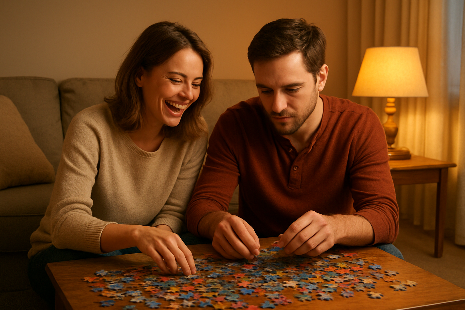 Create a realistic image of a white couple in their 30s sitting together on a cozy living room floor, working on a colorful jigsaw puzzle spread out on a wooden coffee table, with soft warm lighting from a nearby table lamp creating an intimate atmosphere, the woman laughing while the man concentrates on placing a puzzle piece, surrounded by a comfortable home setting with soft cushions and a warm color palette that conveys connection and togetherness, absolutely NO text should be in the scene.