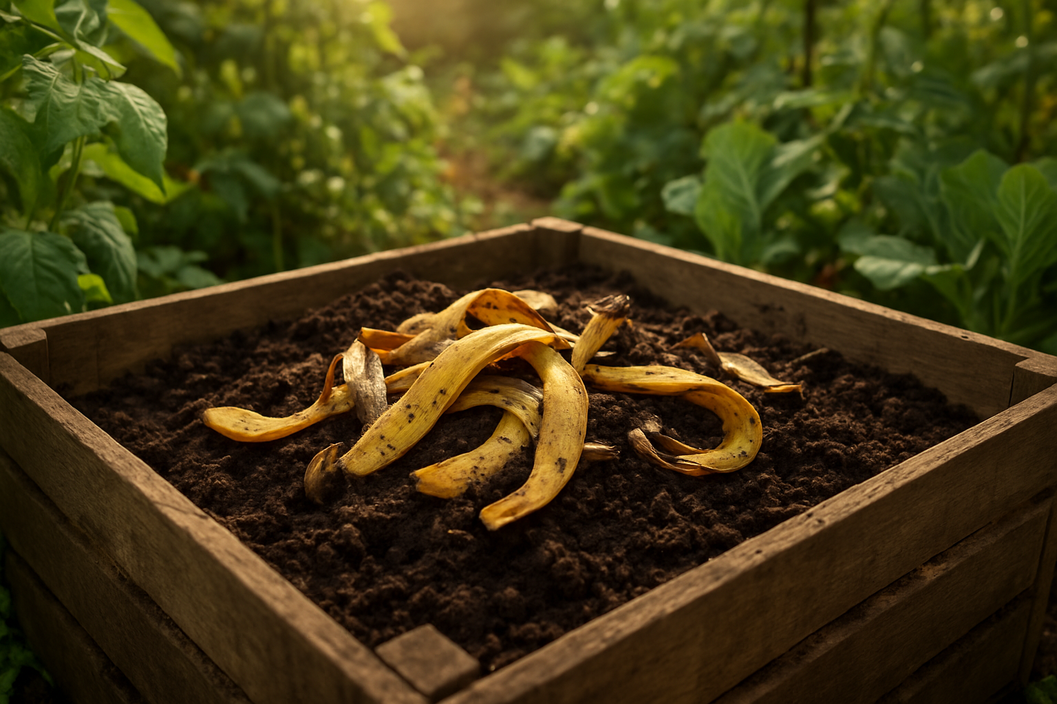 Create a realistic image of banana peels being composted in a lush garden setting, showing yellow and brown banana peels mixed with dark, rich compost soil in a wooden compost bin, surrounded by healthy green plants and vegetables growing in the background, with natural sunlight filtering through leaves creating a warm, earthy atmosphere that emphasizes the transformation of waste into fertile soil, absolutely NO text should be in the scene.