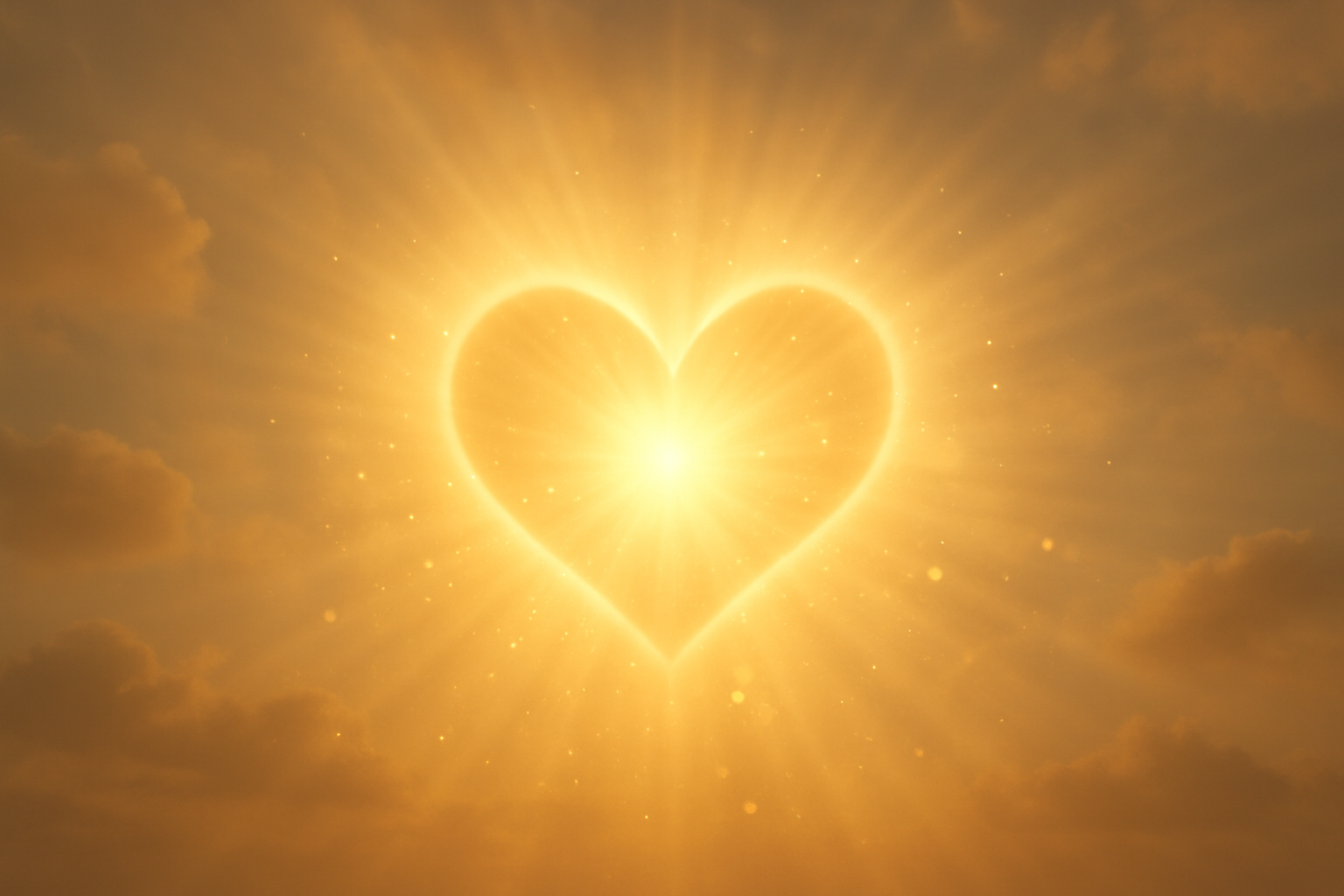 Create a realistic image of a warm, golden light radiating from the center of the frame in soft, ethereal beams, illuminating an open heart-shaped space filled with gentle white and golden glowing particles, surrounded by a peaceful sky background with soft clouds, conveying a sense of divine, unconditional love and spiritual warmth, with the light creating a welcoming and serene atmosphere that represents pure, selfless affection, absolutely NO text should be in the scene.