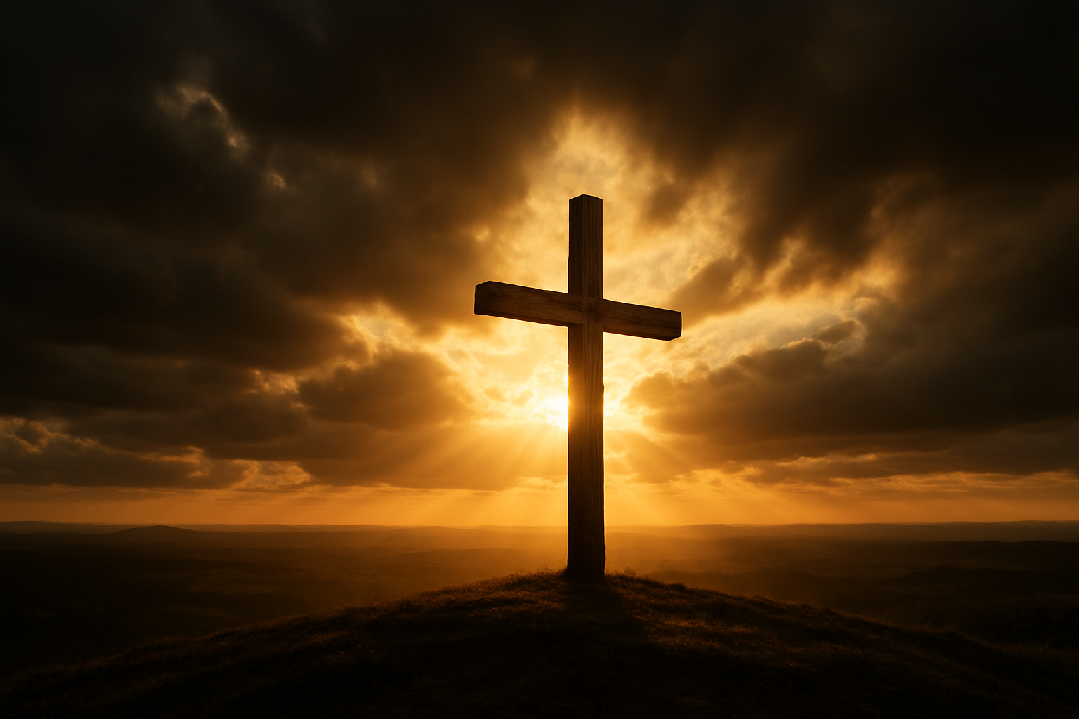 Create a realistic image of a wooden cross standing prominently on a hilltop against a dramatic sky with golden sunlight breaking through dark clouds, casting warm rays of light that illuminate the cross and create a sense of hope and redemption, with a peaceful landscape stretching into the distance below, the scene conveying solemnity, sacrifice, and divine purpose through the interplay of light and shadow, absolutely NO text should be in the scene.