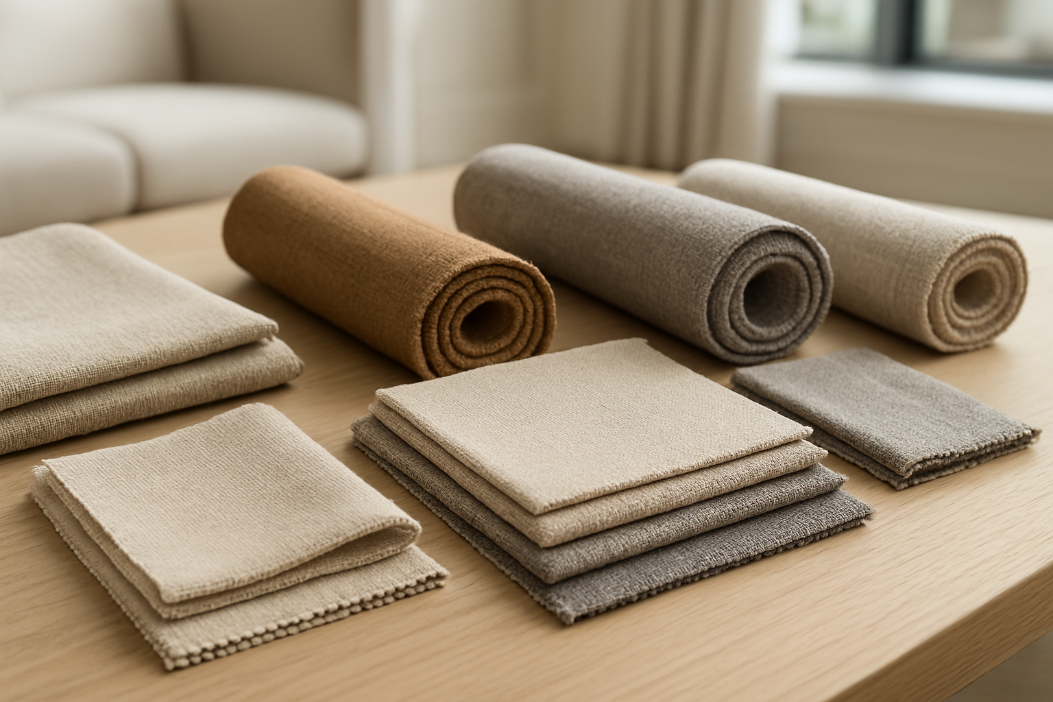 Create a realistic image of various high-quality fabric swatches and rolls displayed elegantly on a clean wooden surface, featuring different types of upholstery materials including cotton, linen, microfiber, and synthetic blends in neutral and warm colors like beige, brown, gray, and cream, with some fabric samples folded to show texture and weave patterns, soft natural lighting from a window creating gentle shadows, clean modern interior background with blurred furniture elements, professional fabric showroom atmosphere. Absolutely NO text should be in the scene.