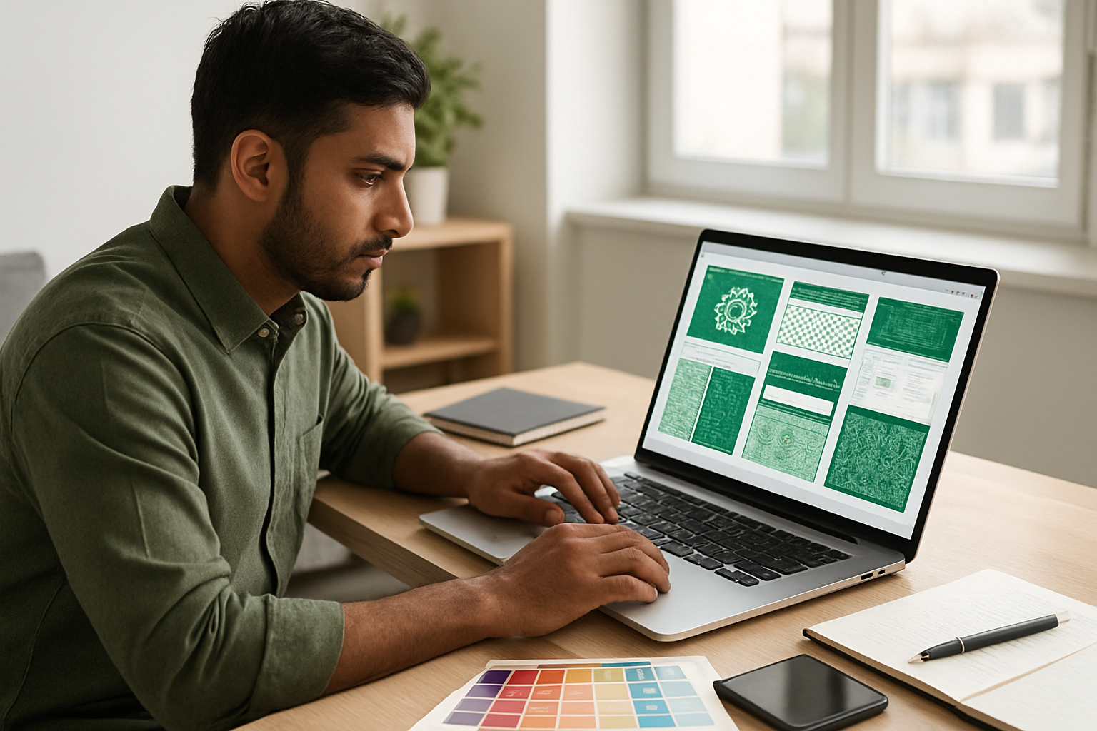 Create a realistic image of a South Asian male designer sitting at a modern desk working on a laptop computer with colorful website mockups and blog layout designs displayed on the screen, surrounded by design materials like color swatches, notebooks, and a smartphone, Pakistani cultural elements like traditional patterns and green and white color schemes visible in the design work, bright natural lighting from a window, creative and focused atmosphere in a contemporary office setting, absolutely NO text should be in the scene.