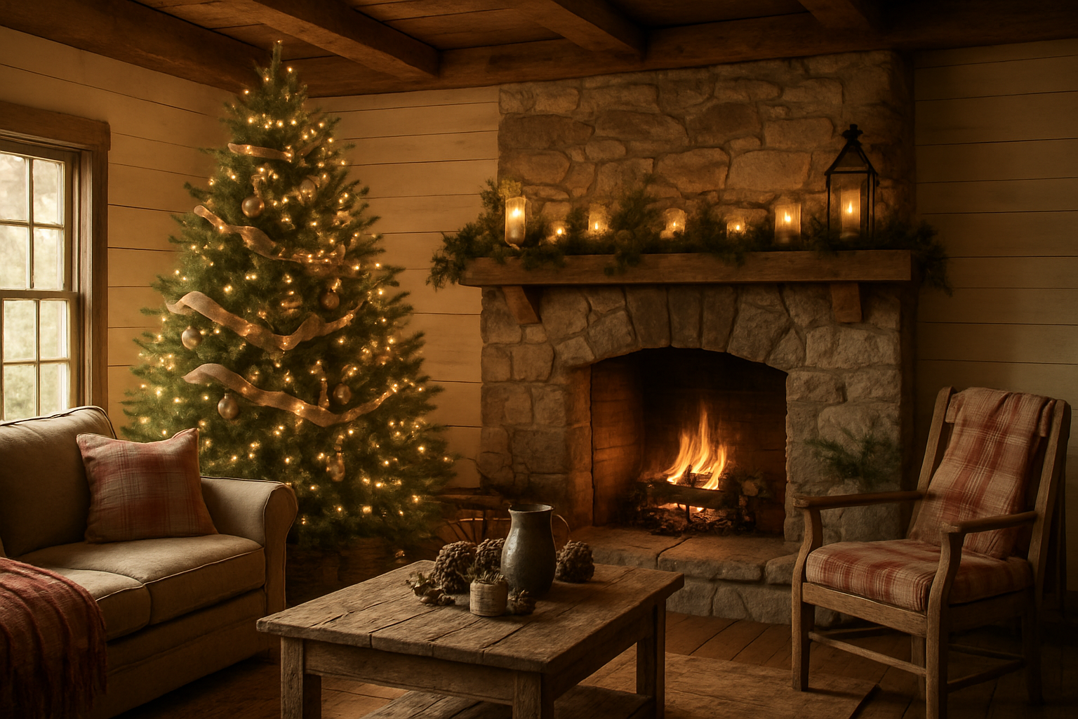 Create a realistic image of a cozy rustic farmhouse living room decorated for Christmas featuring a natural pine Christmas tree adorned with burlap ribbons, wooden ornaments, and warm white string lights, positioned next to a stone fireplace with a reclaimed wood mantel displaying mason jar candles, pine garlands, and vintage lanterns, surrounded by distressed wooden furniture including a plaid-cushioned sofa and weathered coffee table, with red and cream plaid throw blankets, galvanized metal decorative accents, and pine cone scattered arrangements, set against exposed wooden beams and shiplap walls in warm golden lighting that creates a welcoming country atmosphere, absolutely NO text should be in the scene.