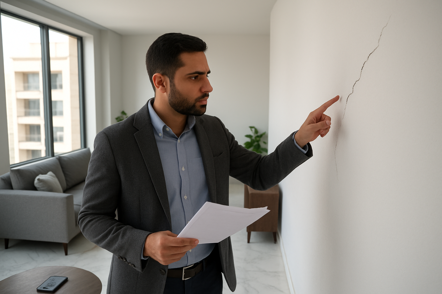 Create a realistic image of a Middle Eastern male homeowner in his 30s wearing casual business attire standing in a modern UAE apartment living room, holding property inspection documents in one hand while pointing at visible wall cracks with the other hand, with a smartphone on a nearby coffee table showing a contractor contact, natural daylight streaming through large windows, professional and determined mood, clean modern interior with marble floors and contemporary furniture, absolutely NO text should be in the scene.