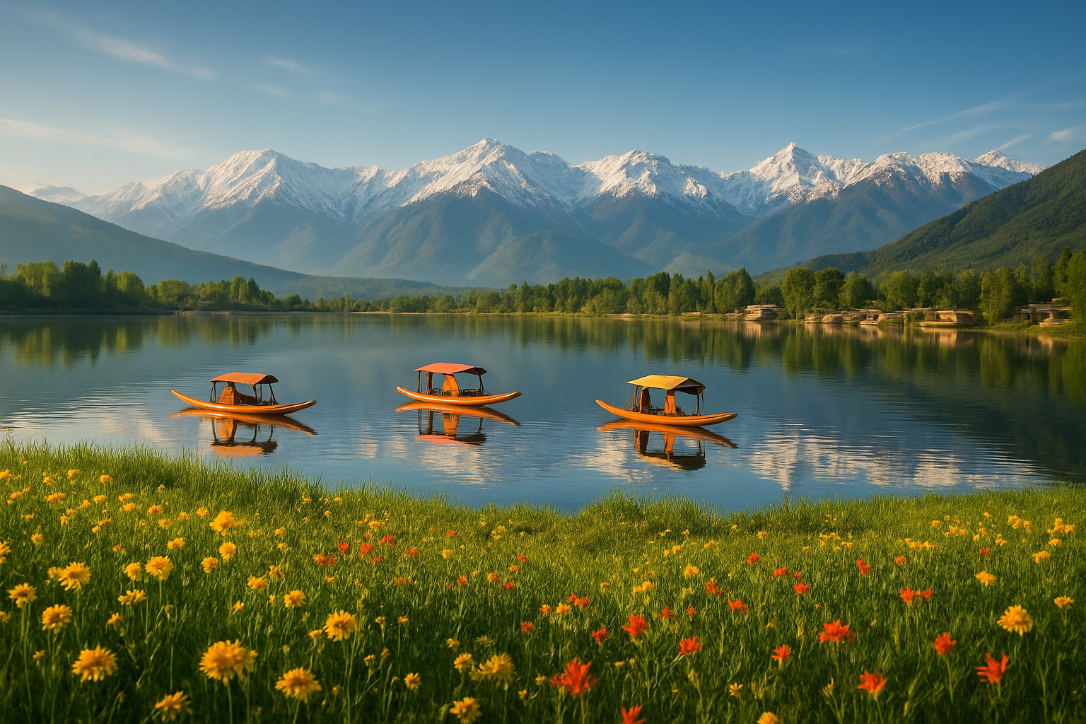 realistic image of a breathtaking panoramic view of Kashmir valley showcasing snow-capped Himalayan mountains in the background, a serene Dal Lake with traditional wooden shikaras floating on calm reflective waters, lush green meadows with vibrant wildflowers in the foreground, and a clear blue sky with soft golden sunlight illuminating the entire landscape, evoking a sense of paradise and wonder that makes it an irresistible travel destination. Absolutely NO text should be in the scene.