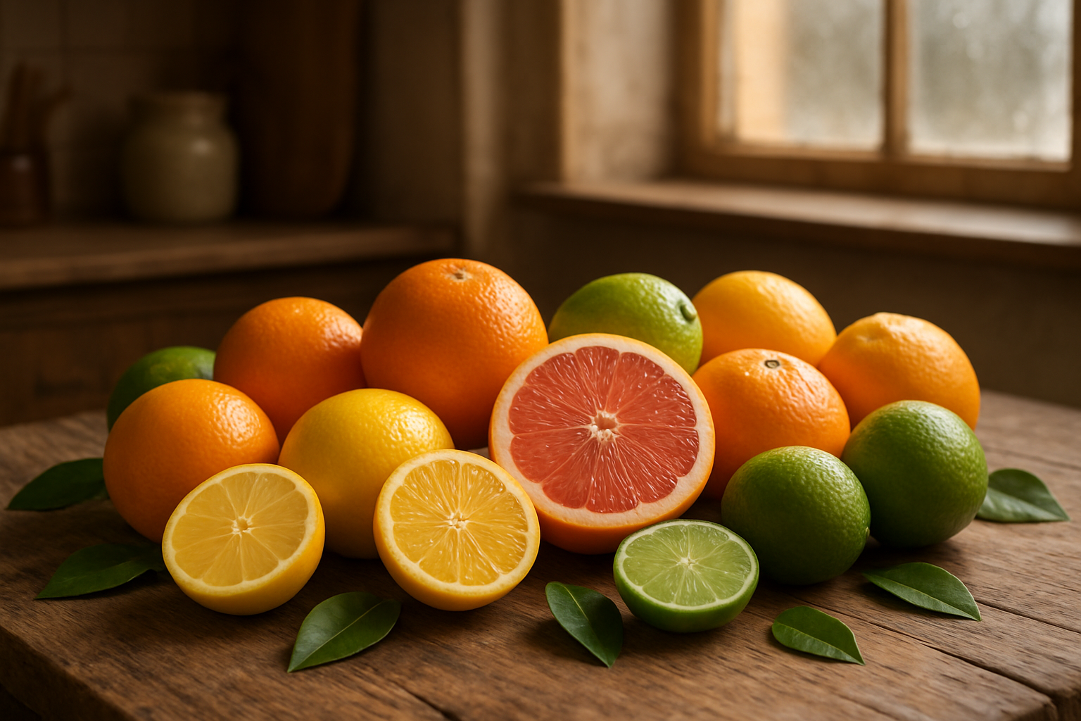 Create a realistic image of a rustic wooden table displaying an abundant variety of fresh winter citrus fruits including bright orange oranges, yellow lemons, pink grapefruits, and green limes, some whole and some cut in half showing their juicy interior, with a few scattered citrus leaves, set against a cozy kitchen background with warm natural lighting streaming through a frosted window, creating a welcoming winter wellness atmosphere, absolutely NO text should be in the scene.
