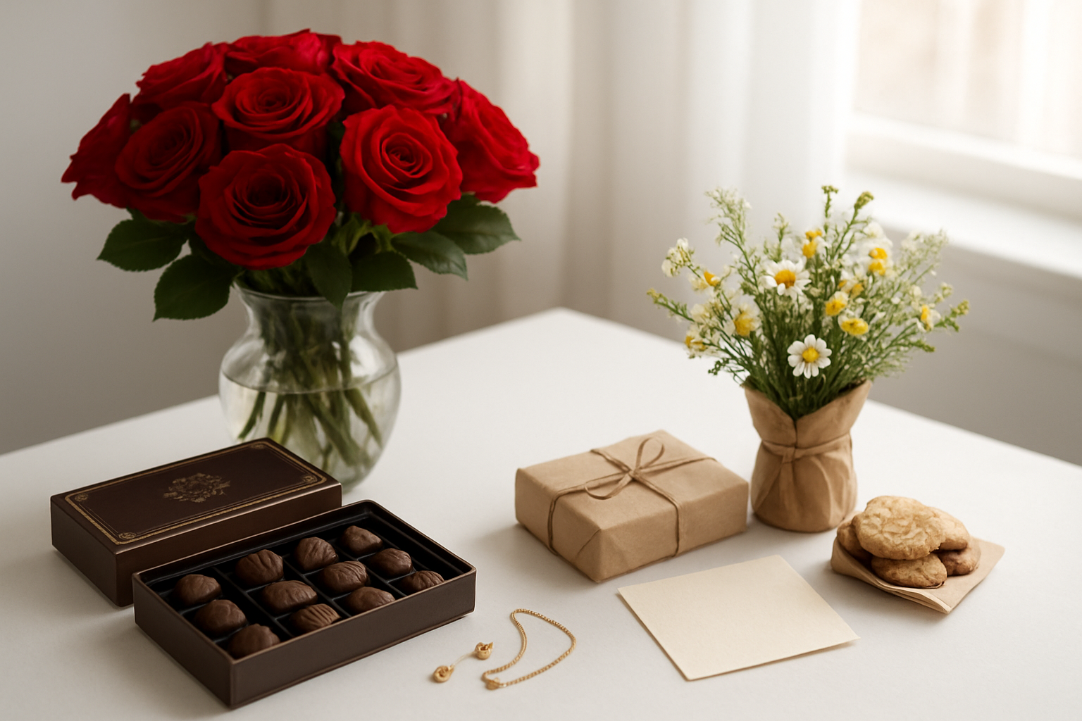 Create a realistic image of a comparison scene showing expensive traditional Valentine's gifts on one side including a large bouquet of red roses in a fancy vase, luxury chocolates in an ornate box, and jewelry, contrasted with budget-friendly alternatives on the other side featuring a small handpicked wildflower bouquet, homemade treats in simple packaging, and a handwritten card, all arranged on a clean white surface with soft natural lighting from a window, creating a warm and inviting atmosphere that emphasizes the cost-saving theme, absolutely NO text should be in the scene.