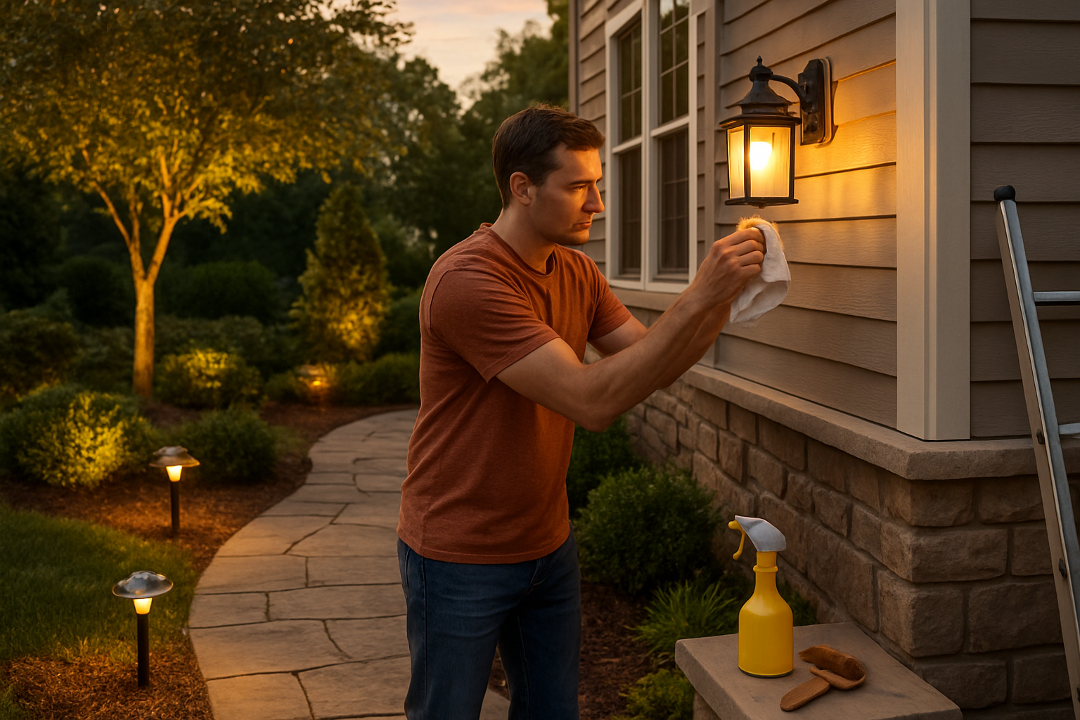 Create a realistic image of a well-maintained outdoor lighting system showing LED pathway lights along a stone walkway, wall-mounted lanterns on a house exterior, and landscape spotlights illuminating plants and trees, with a white male homeowner in casual clothing carefully cleaning a light fixture with a cloth, surrounded by maintenance tools like a soft brush, cleaning spray, and ladder leaning against the house, set during golden hour lighting that emphasizes the warm glow of the outdoor lights against a beautiful residential home backdrop with manicured landscaping, absolutely NO text should be in the scene.