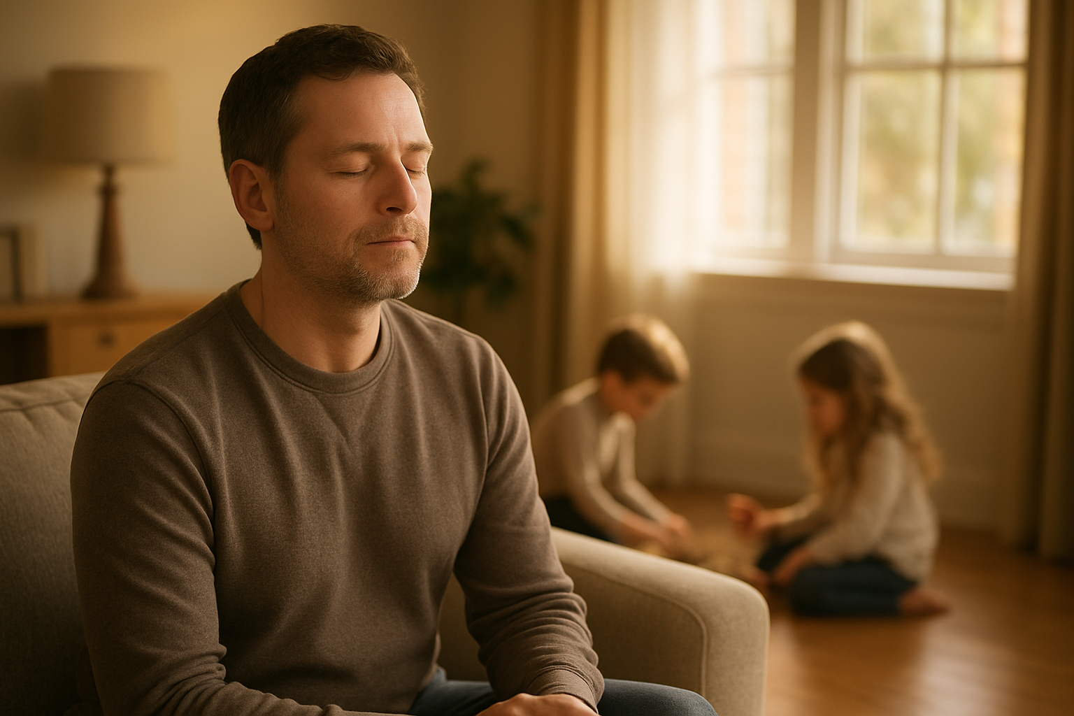 Create a realistic image of a calm middle-aged white male father sitting on a couch in a warm, softly-lit living room, taking a deep breath with his eyes gently closed, demonstrating mindful composure while his young children play quietly in the background, with natural afternoon sunlight streaming through windows creating a peaceful, serene atmosphere that conveys emotional balance and self-control, absolutely NO text should be in the scene.