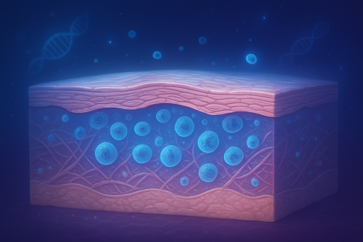 Create a realistic image of a detailed cross-section view of human skin layers showing cellular regeneration process, with microscopic cells dividing and renewing in the deeper layers, collagen fibers being rebuilt, and healthy new skin cells moving upward toward the surface, set against a soft nighttime background with gentle blue and purple lighting, including subtle visual elements like DNA helixes and protein molecules floating in the cellular environment to represent the scientific aspect of skin renewal, with a serene and clinical atmosphere that conveys the overnight regeneration process, absolutely NO text should be in the scene.