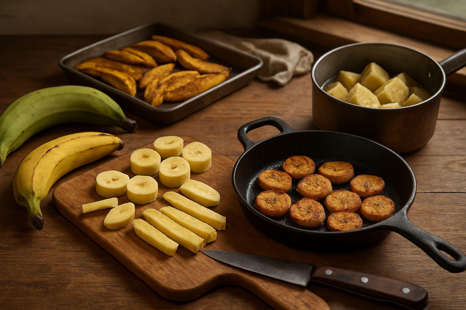 Create a realistic image of various plantains in different stages of preparation and cooking methods displayed on a rustic wooden kitchen counter, showing whole green and yellow plantains, sliced plantain rounds, plantain strips, a cast iron skillet with golden fried plantain slices, a baking sheet with roasted plantain wedges, and a pot with boiled plantain pieces, accompanied by a sharp knife, cutting board with plantain pieces, and cooking utensils, set in a warm kitchen environment with natural lighting from a nearby window, absolutely NO text should be in the scene.