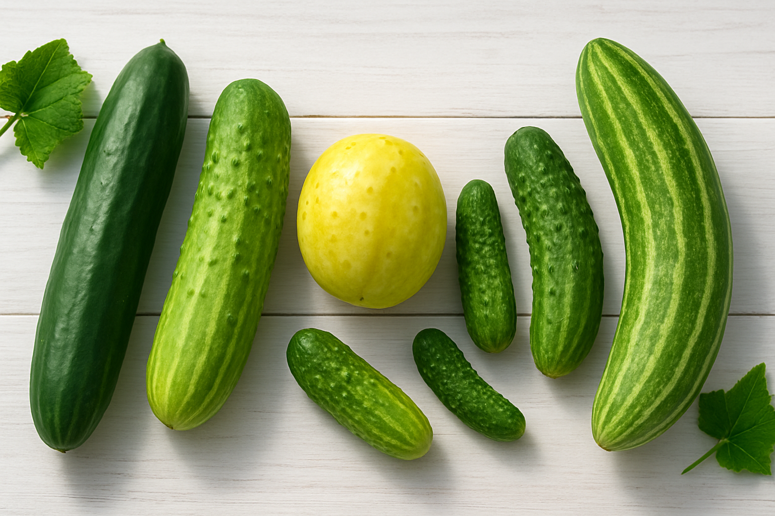 Create a realistic image of various cucumber varieties arranged side by side on a clean white wooden surface, showcasing different types including dark green English cucumbers, light green pickling cucumbers, yellow lemon cucumbers, small gherkin cucumbers, and striped Armenian cucumbers, each displaying their unique size, shape, color and skin texture characteristics, with natural daylight illuminating the scene from above creating soft shadows, surrounded by a few fresh green cucumber leaves as decorative elements, shot from a slightly elevated angle to show the full length and details of each variety clearly, absolutely NO text should be in the scene.