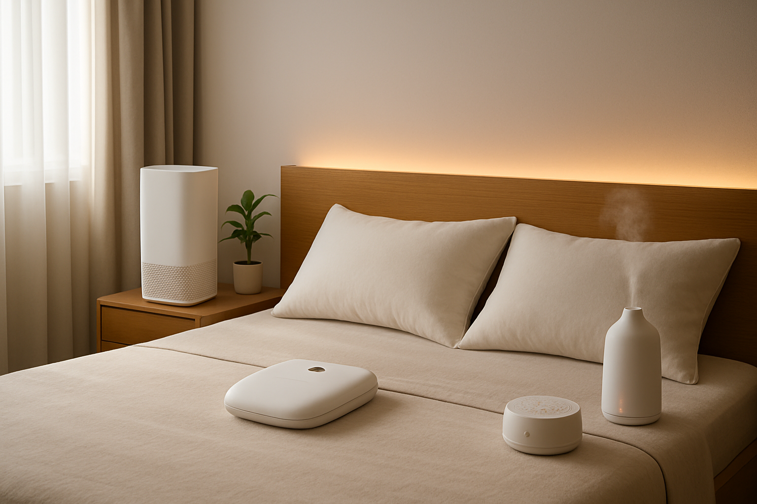 Create a realistic image of a modern bedroom featuring health and wellness gadgets including an air purifier on a nightstand, a smart sleep tracking device on the bed, a white noise machine, essential oil diffuser releasing gentle mist, adjustable LED lighting with warm tones, ergonomic pillows, and a small indoor plant, all arranged in a clean, minimalist bedroom with soft natural lighting from a window, creating a calm and serene atmosphere focused on promoting better sleep and wellness, Absolutely NO text should be in the scene.