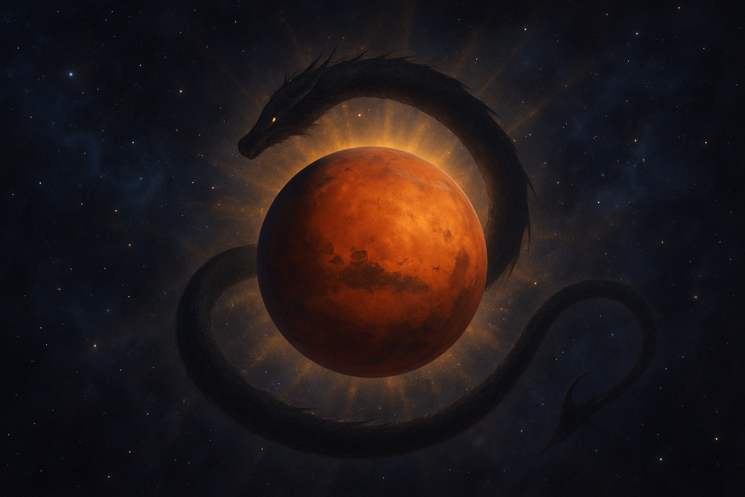 Create a realistic image of a mystical cosmic scene featuring Mars as a prominent reddish planet in the center with Ketu represented as a shadowy, serpent-like celestial body with a dragon