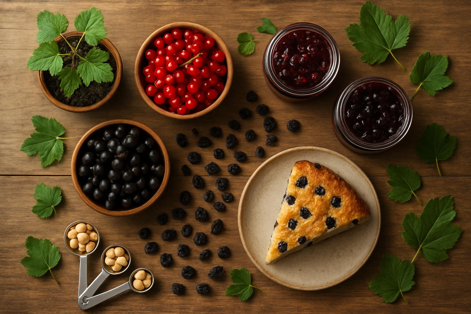 Create a realistic image of a beautifully arranged overhead flat lay composition showcasing the complete journey of currants, featuring fresh red, black, and white currants in small wooden bowls, dried currants scattered artistically, currant preserves in glass jars, a slice of currant cake, small potted currant plants with green leaves, and measuring spoons with nutritional supplements, all arranged on a rustic wooden table with soft natural lighting creating gentle shadows, surrounded by fresh green leaves as decorative elements, conveying a sense of completion and knowledge about currants from plant to plate, absolutely NO text should be in the scene.