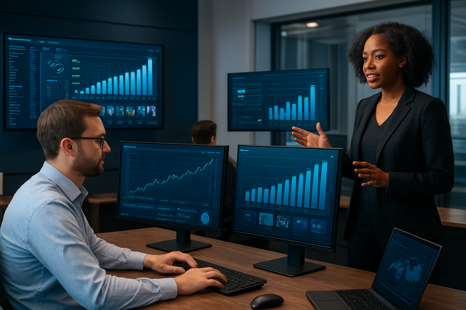 Create a realistic image of a modern digital workspace showing AI-powered media monetization with multiple computer monitors displaying analytics dashboards, revenue charts with upward trending graphs, streaming platform interfaces, and automated content distribution systems, featuring a diverse group of media professionals including a white male analyst reviewing financial data and a black female executive presenting monetization strategies, set in a sleek contemporary office with ambient lighting and high-tech equipment, conveying innovation and financial success through technology-driven media operations, absolutely NO text should be in the scene.