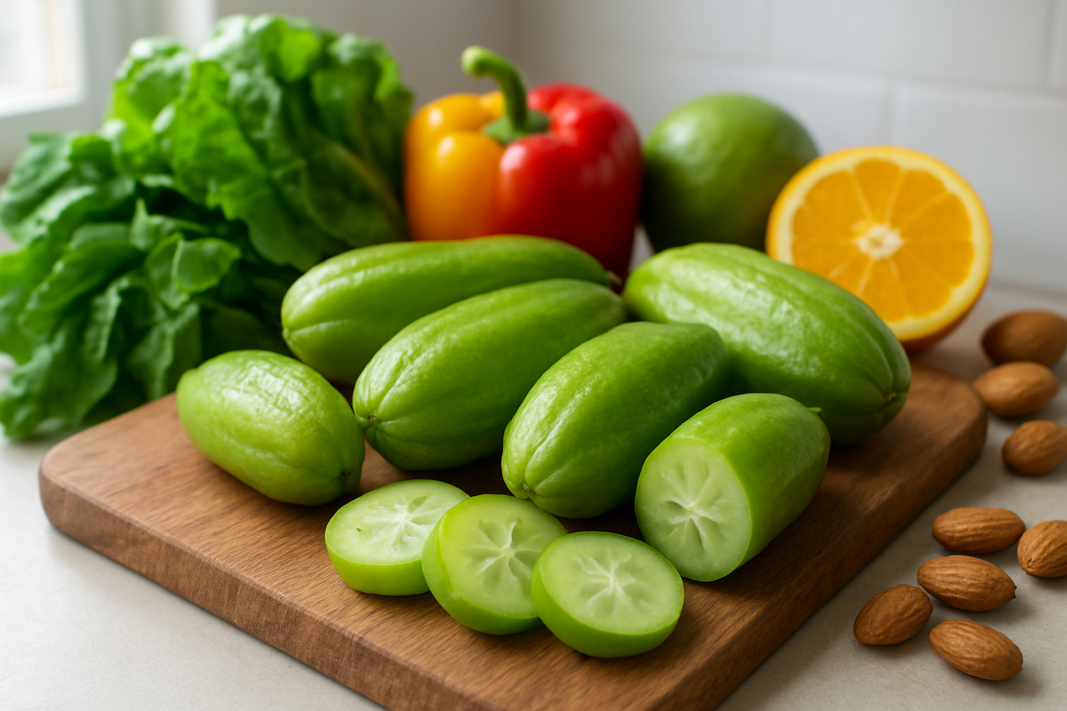 Create a realistic image of fresh bilimbi fruits arranged on a wooden cutting board with cross-sections showing the interior, surrounded by vibrant green leafy vegetables, colorful bell peppers, citrus fruits, and nuts, with soft natural lighting from a window creating gentle shadows, emphasizing the nutritional richness and health benefits of the exotic bilimbi fruit in a clean kitchen setting with a bright, fresh atmosphere. Absolutely NO text should be in the scene.