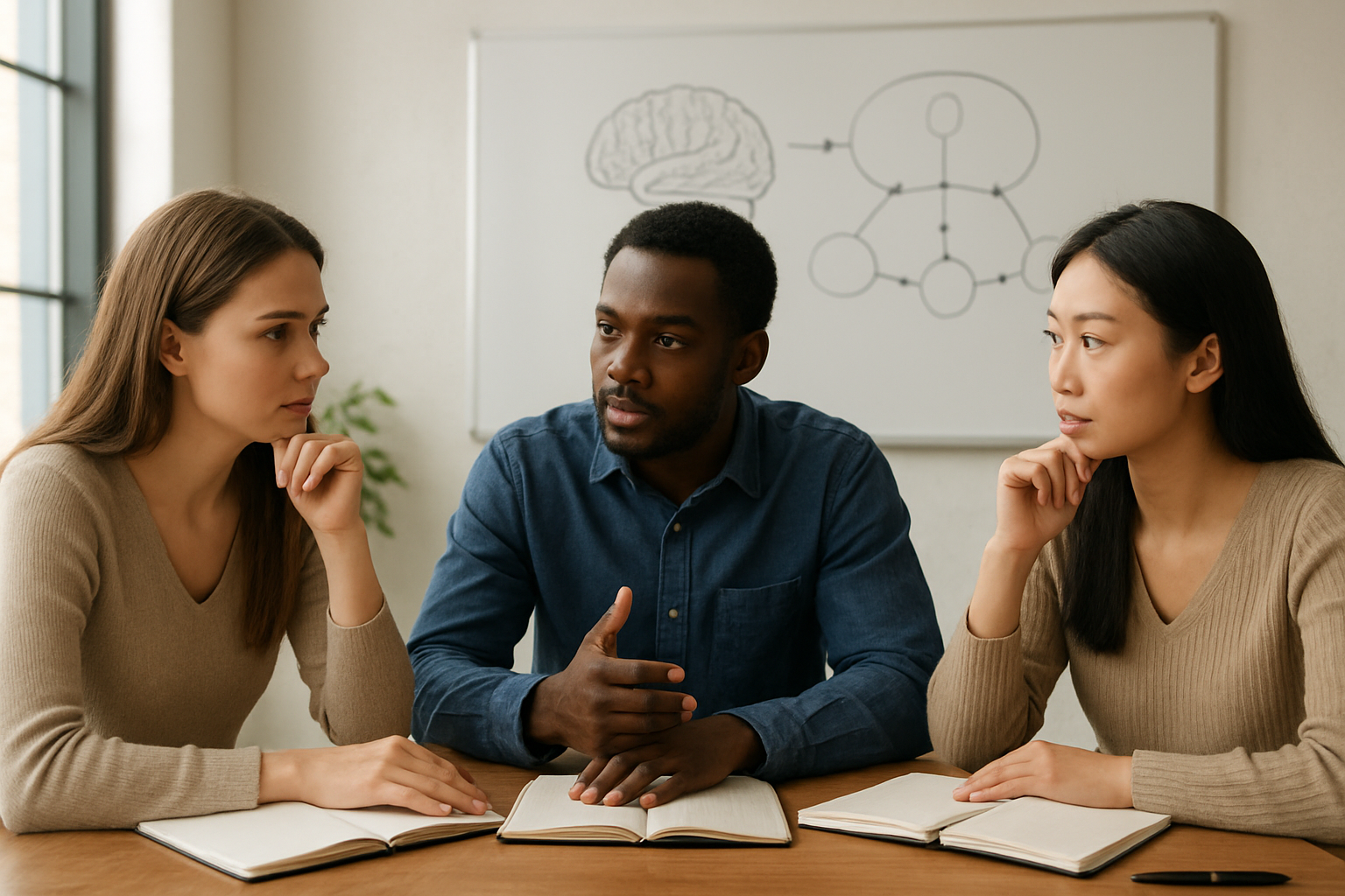 Create a realistic image of a diverse group of three people - a white female, a black male, and an Asian female - sitting around a modern wooden table in a bright, well-lit office or study room, engaged in thoughtful discussion with notebooks and journals open in front of them, with a large whiteboard in the background showing simple diagrams of brain pathways and goal-setting concepts illustrated through arrows and interconnected circles, soft natural lighting streaming through large windows, creating a focused and contemplative atmosphere that conveys psychological understanding and learning, absolutely NO text should be in the scene.
