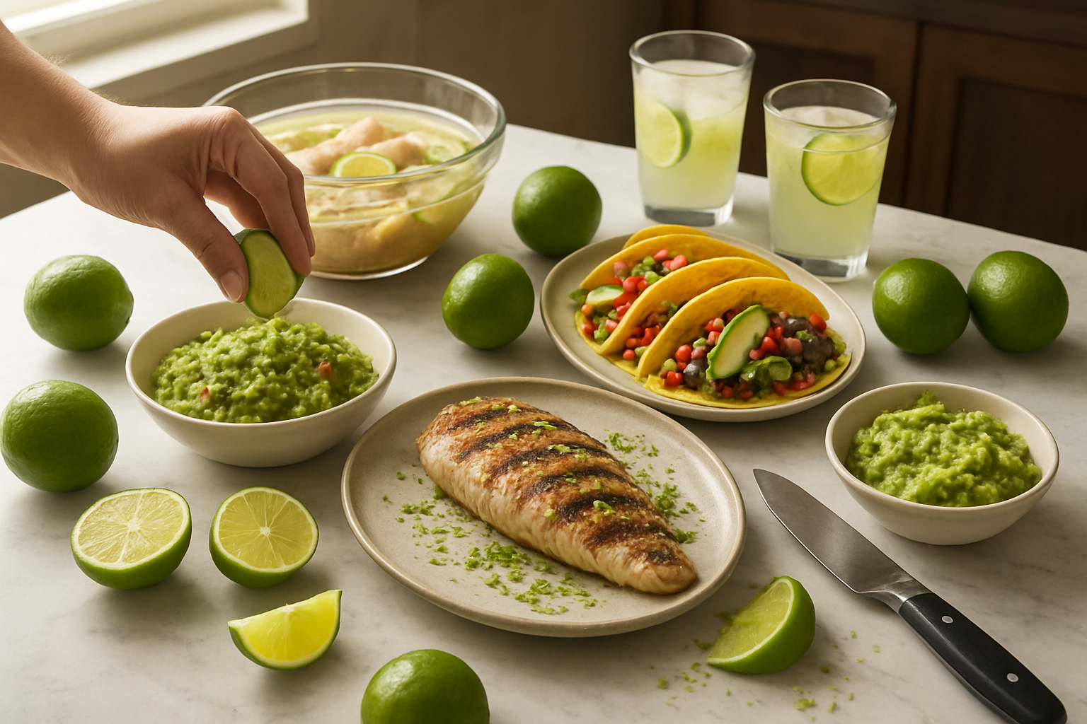 Create a realistic image of a modern kitchen countertop featuring fresh lime halves being squeezed over various dishes, with lime zest being grated onto grilled fish, lime wedges garnishing colorful tacos, a lime-infused marinade in a glass bowl with raw chicken, freshly made guacamole with lime juice being added, and lime slices floating in cocktail glasses, all arranged on a clean marble counter with warm natural lighting from a nearby window, bright green limes scattered around showing their vibrant color and texture, with cooking utensils like a zester and knife nearby, creating an inviting culinary atmosphere that showcases lime's versatility in cooking, absolutely NO text should be in the scene.
