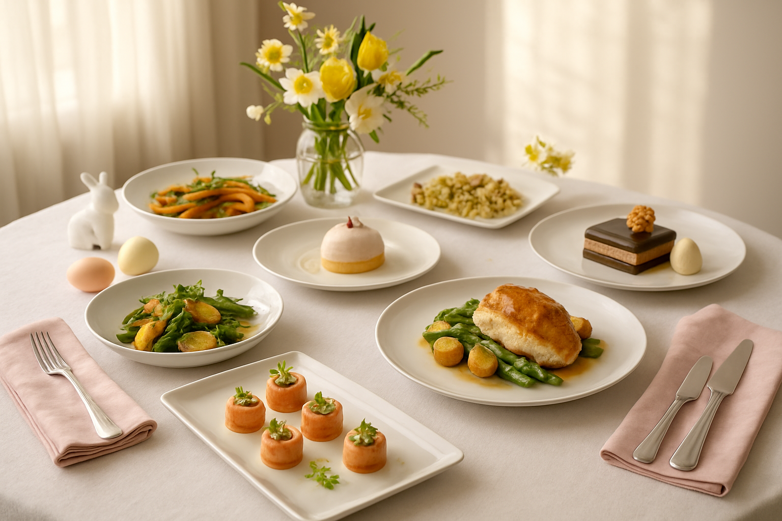 Create a realistic image of an elegant Easter dining table showcasing a modern feast with contemporary plated dishes including stylized appetizers, beautifully presented main courses, innovative side dishes, and artistic desserts, all arranged on sleek white plates and serving platters, with subtle Easter decorations like fresh spring flowers and pastel-colored napkins, captured in warm natural lighting streaming through a window, creating an inviting and sophisticated dining atmosphere that represents the culmination of a successful modern Easter celebration, absolutely NO text should be in the scene.