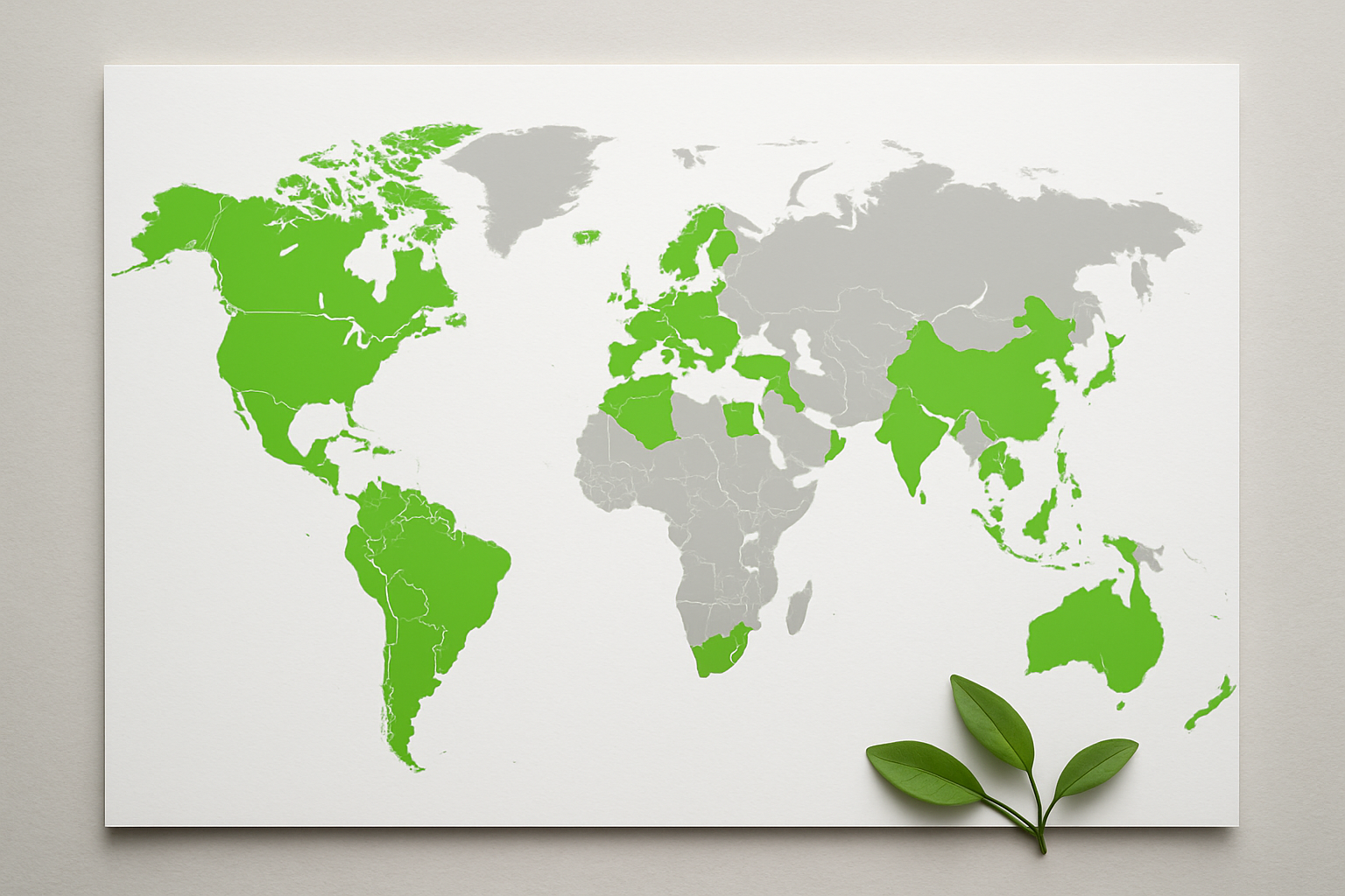 Create a realistic image of a world map highlighting several countries in bright green color to indicate legal status, with a modern clean white background, soft natural lighting, and a few small iboga plant leaves placed near the bottom corner of the map as decorative elements, conveying a professional and informative mood suitable for legal documentation, absolutely NO text should be in the scene.