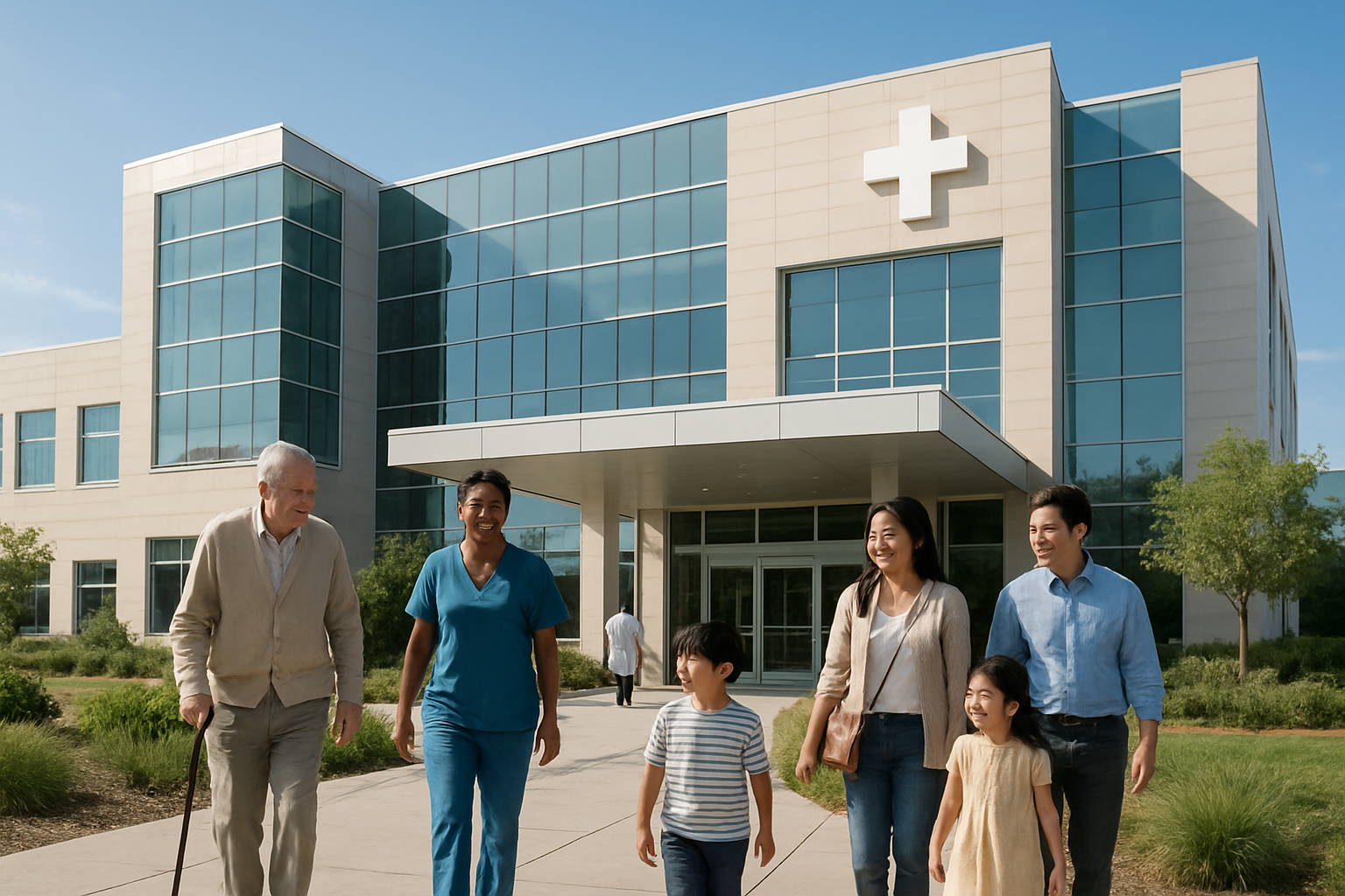 Create a realistic image of a modern private hospital building exterior with glass facades and contemporary architecture, featuring a diverse group of patients and families walking towards the entrance including a white elderly male using a walking cane, a black female nurse in scrubs, and an Asian family with children, with medical cross symbols visible on the building, surrounded by well-maintained landscaping and a clear blue sky, conveying a sense of hope, quality healthcare, and accessibility, with soft natural lighting creating a welcoming atmosphere, absolutely NO text should be in the scene.