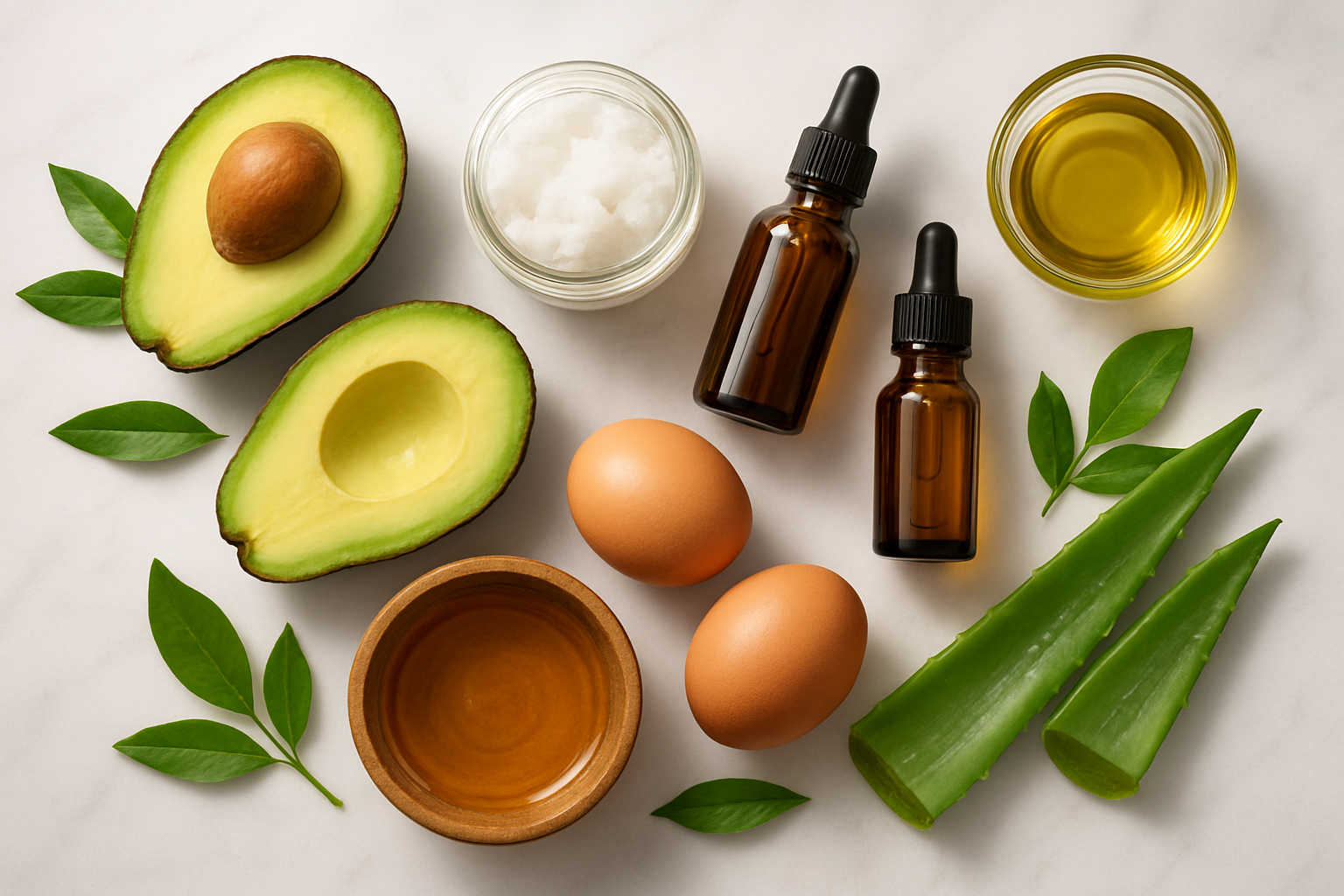 Create a realistic image of an elegant flat lay arrangement featuring various natural hair care ingredients including avocado halves, coconut oil in a glass jar, argan oil in amber bottles, honey in a wooden bowl, fresh aloe vera leaves cut open showing the gel inside, raw eggs, and olive oil, all artfully arranged on a clean white marble surface with soft natural lighting from above, complemented by fresh green leaves and subtle shadows that enhance the organic and luxurious feel, absolutely NO text should be in the scene.