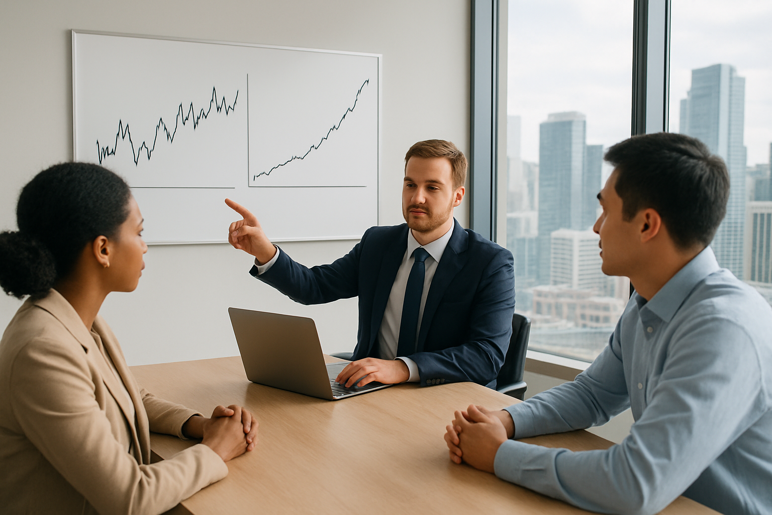 Create a realistic image of a professional white male financial advisor in his 30s sitting at a modern desk with a laptop, pointing to a large wall chart displaying two distinct investment pathways - one showing short-term stock trading graphs with frequent ups and downs, and another showing long-term investment growth curves with steady upward trends, while a diverse group of clients including a black female and an Asian male sit across from him listening attentively, set in a bright modern office with floor-to-ceiling windows showing a city skyline, warm natural lighting creating a professional consulting atmosphere, absolutely NO text should be in the scene.