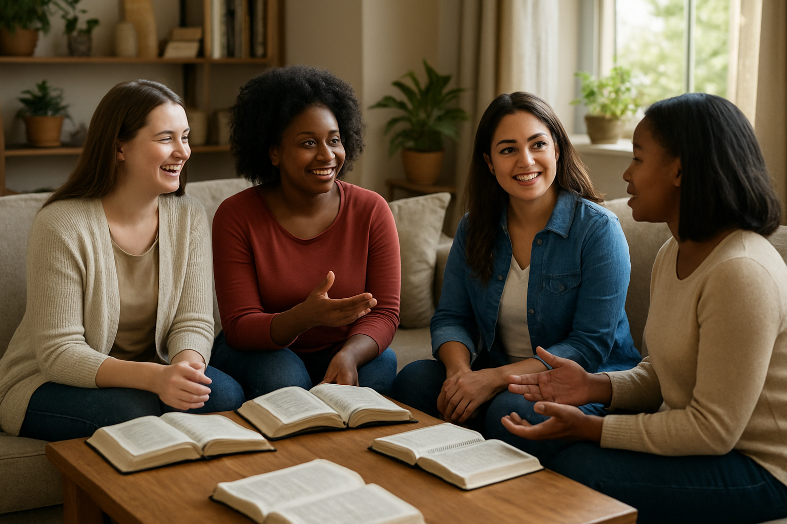 Create a realistic image of a diverse group of women including white, black, and Hispanic females sitting in a comfortable living room setting engaged in a Bible study discussion, with open Bibles and notebooks on a wooden coffee table, soft natural lighting streaming through windows, potted plants and bookshelves in the background, warm and welcoming atmosphere suggesting learning and spiritual growth, absolutely NO text should be in the scene.