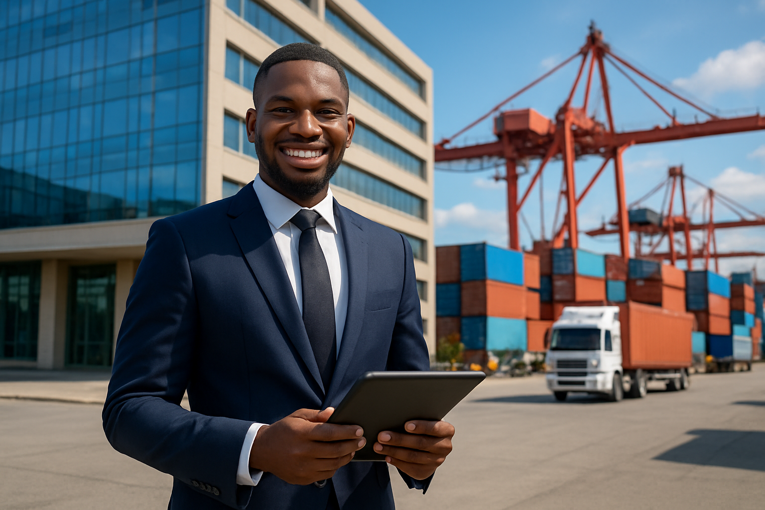 Create a realistic image of a black male entrepreneur in business attire standing confidently in front of a modern office building in Ghana, holding a tablet while cargo containers and shipping trucks are visible in the background at a busy port facility, with bright daylight creating an optimistic and professional atmosphere that conveys successful business launch and international trade operations, absolutely NO text should be in the scene.