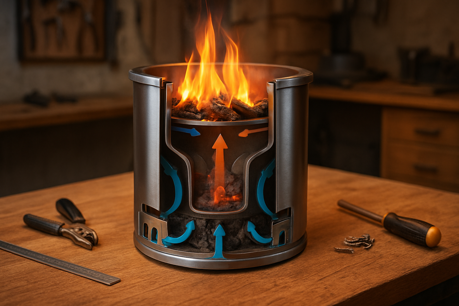 Create a realistic image of a detailed cross-section diagram view of a smokeless fire pit showing the internal airflow design with primary and secondary air intake vents, double-wall construction, and combustion chamber, set on a wooden workbench in a garage workshop with engineering tools and materials nearby, warm ambient lighting highlighting the metal construction details and airflow arrows indicating proper ventilation paths, absolutely NO text should be in the scene.