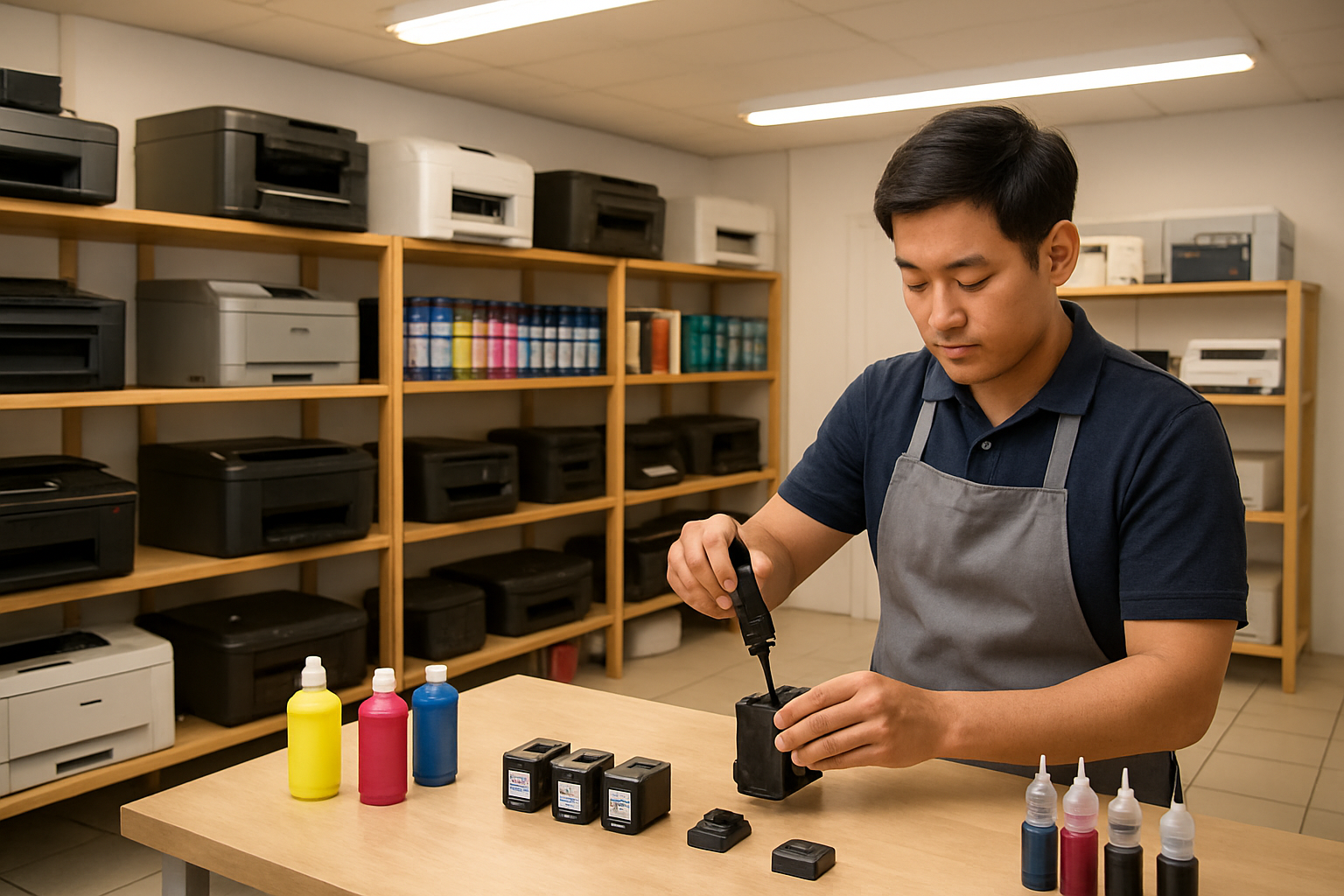 Create a realistic image of a professional printer service shop interior with multiple desktop printers and cartridges on wooden shelves, an Asian male technician in casual work clothes refilling a black ink cartridge at a clean workbench, various colorful ink bottles and printer supplies neatly organized on display, warm fluorescent lighting creating a trustworthy business atmosphere, clean tiled floor and white walls suggesting reliability and professionalism, absolutely NO text should be in the scene.