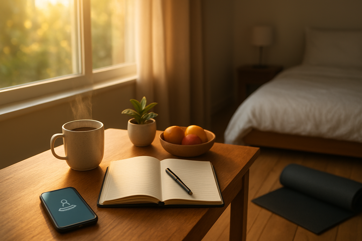 Create a realistic image of a serene morning scene showing a wooden desk by a large window with soft golden sunlight streaming through, featuring a steaming cup of coffee, an open journal with a pen beside it, a small potted plant, a yoga mat partially rolled out on a wooden floor, fresh fruits in a bowl, and a smartphone displaying a meditation app icon, with a peaceful bedroom visible in the soft-focus background, conveying a sense of calm productivity and wellness, shot with warm natural lighting that creates a hopeful and inspiring atmosphere, absolutely NO text should be in the scene.