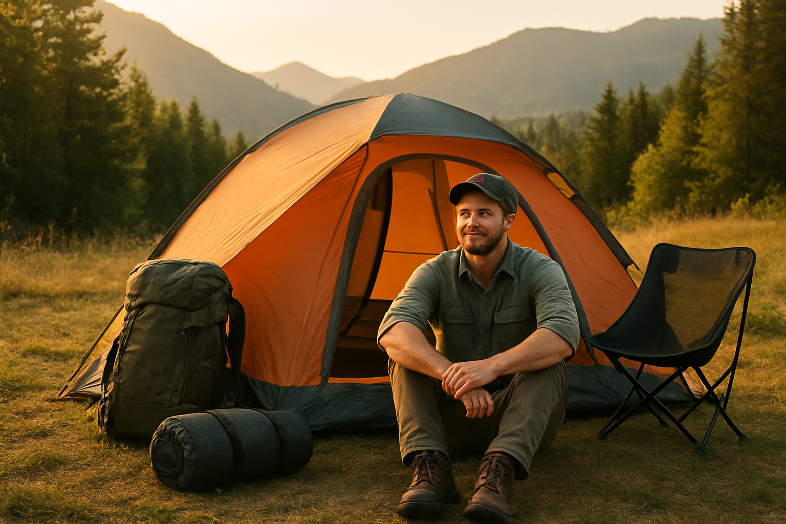 Create a realistic image of a high-quality camping tent set up in a scenic outdoor location with a white male camper sitting beside it looking satisfied and confident, surrounded by various camping gear including a backpack, sleeping bag, and camping chair, with the tent appearing sturdy and well-constructed against a backdrop of mountains or forest, warm golden hour lighting creating a peaceful and successful camping atmosphere, absolutely NO text should be in the scene.