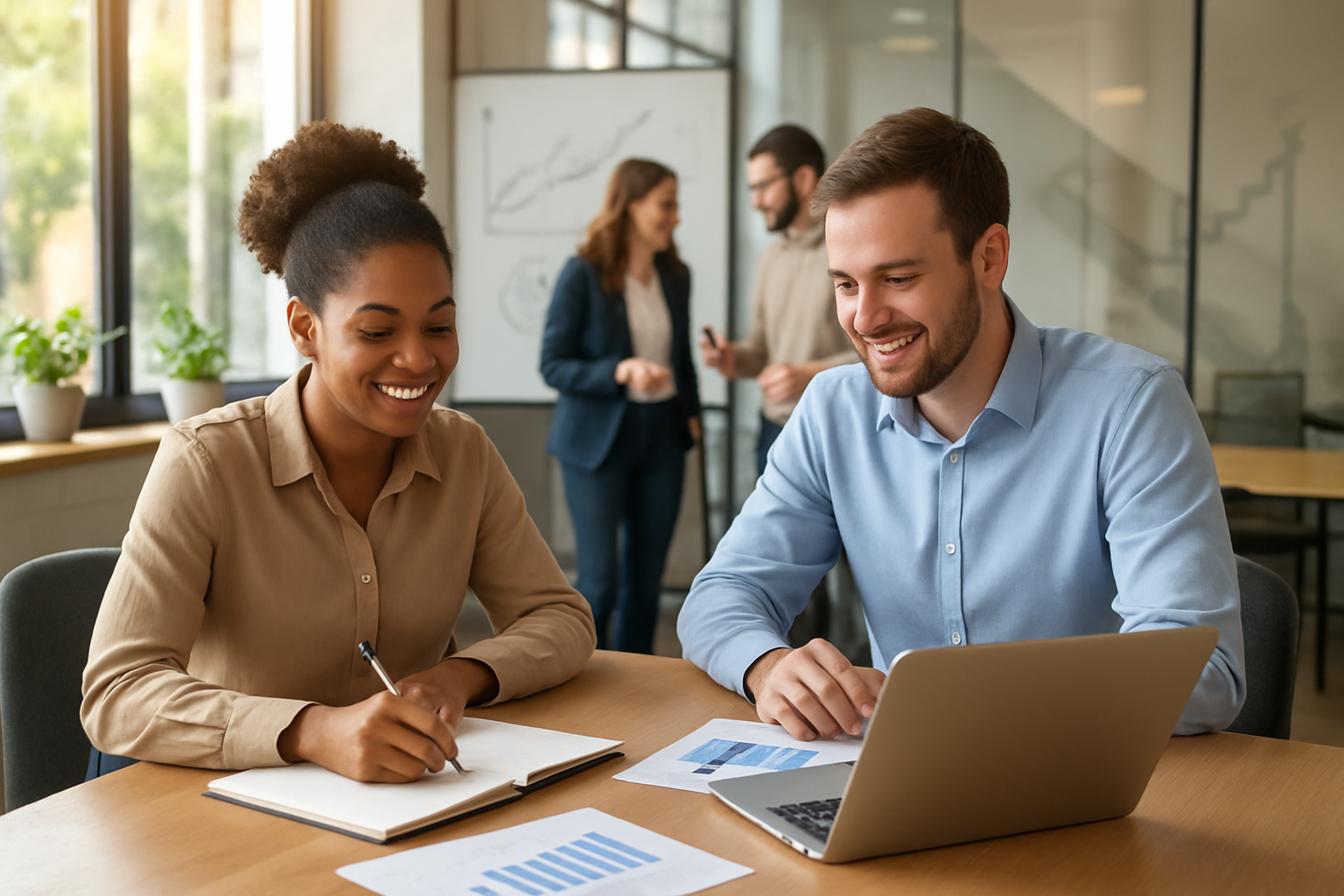 Create a realistic image of a diverse group of professionals in a modern bright office space engaged in collaborative learning activities, featuring a black female and white male sitting at a sleek wooden table with open notebooks, laptops, and growth charts visible, surrounded by large windows with natural sunlight streaming in, potted plants on windowsills, a whiteboard with diagrams and arrows showing upward progression in the background, warm and inspiring atmosphere with soft lighting, people appearing focused and motivated while discussing ideas, clean contemporary workspace with glass walls and motivational elements like climbing stairs or ladder imagery subtly incorporated into the decor, absolutely NO text should be in the scene.
