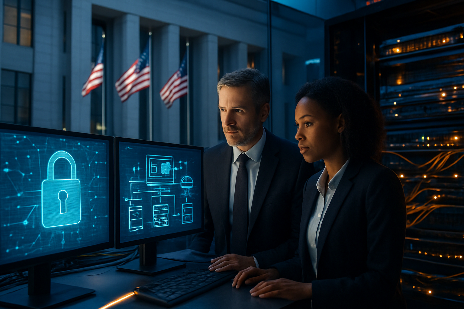 Create a realistic image of a modern government building with national flags prominently displayed in the foreground, featuring a diverse group of officials including a white male and black female in business suits examining digital security displays and server infrastructure diagrams on large monitors, with glowing fiber optic cables and network connections visible in the background, set in a high-tech command center environment with blue and amber lighting creating a serious, strategic atmosphere that conveys national importance and digital protection. Absolutely NO text should be in the scene.