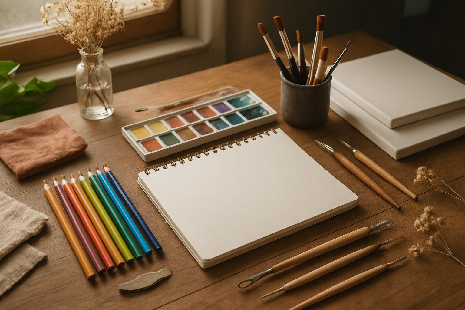 Create a realistic image of art supplies and creative materials arranged on a wooden table including paintbrushes, colored pencils, watercolor paints, a sketchbook with blank pages, clay sculpting tools, and canvas panels, with soft natural lighting coming through a window creating gentle shadows, surrounded by inspiring creative elements like dried flowers and fabric swatches, conveying a peaceful and inspiring artistic workspace atmosphere. Absolutely NO text should be in the scene.