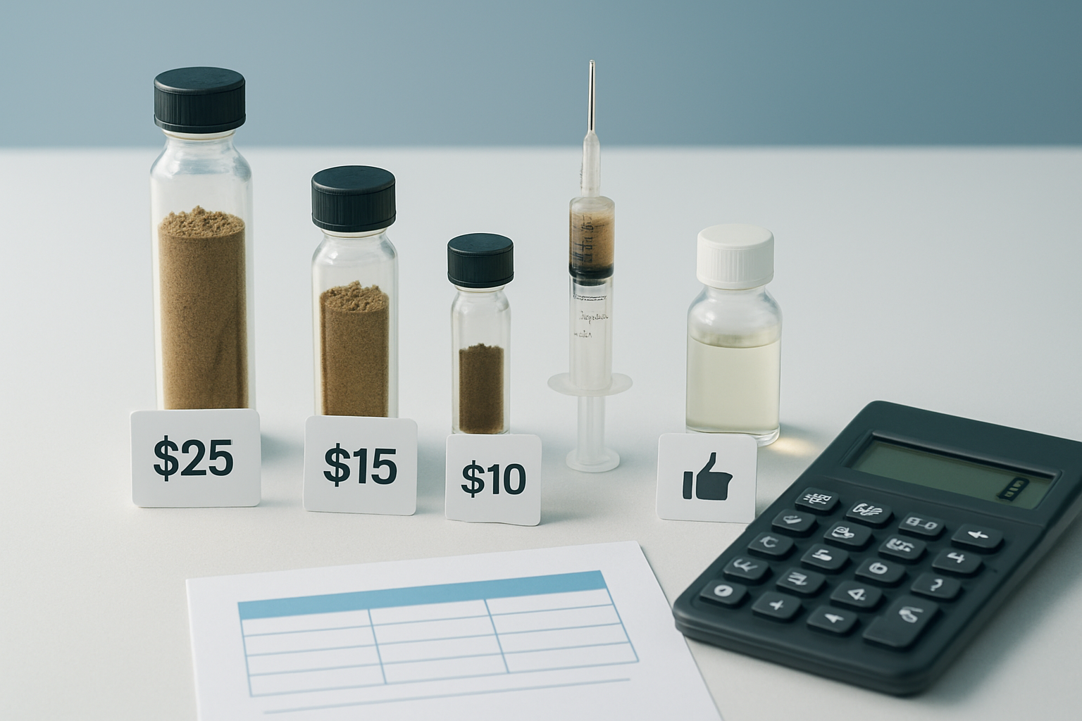 Create A Realistic Image Of A Split-Screen Comparison Layout Showing Different Mushroom Spore Products With Visible Price Tags And Value Indicators, Featuring Various Glass Vials And Syringes Containing Spore Samples Arranged On A Clean White Laboratory Table, With A Calculator And Comparison Chart Visible In The Scene, Soft Natural Lighting From Above Creating A Professional Scientific Atmosphere, Clean Modern Background With Subtle Blue Undertones Suggesting Trustworthiness And Precision, Absolutely No Text Should Be In The Scene.